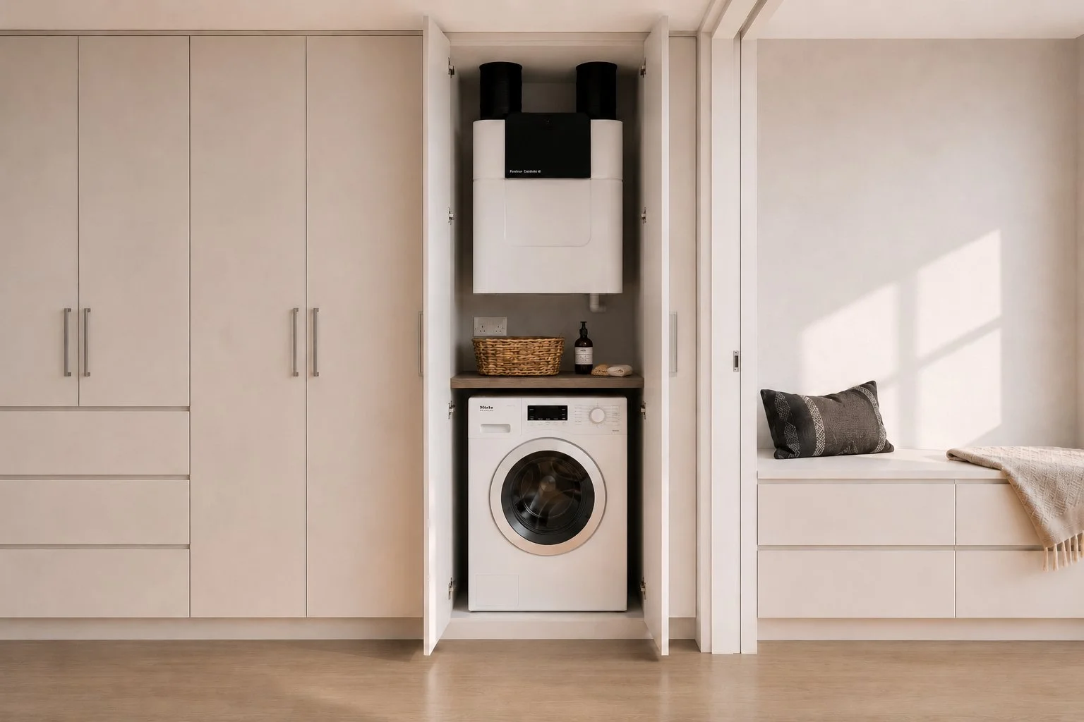 CGI of an MVHR unit integrated into a cupboard within a low-energy home retrofit