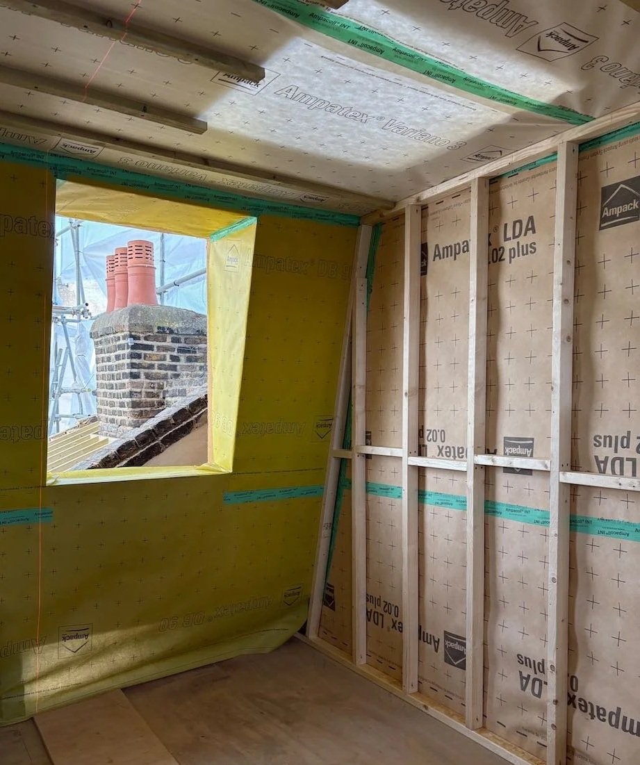 Airtightness and breather membranes carefully taped during a London home retrofit