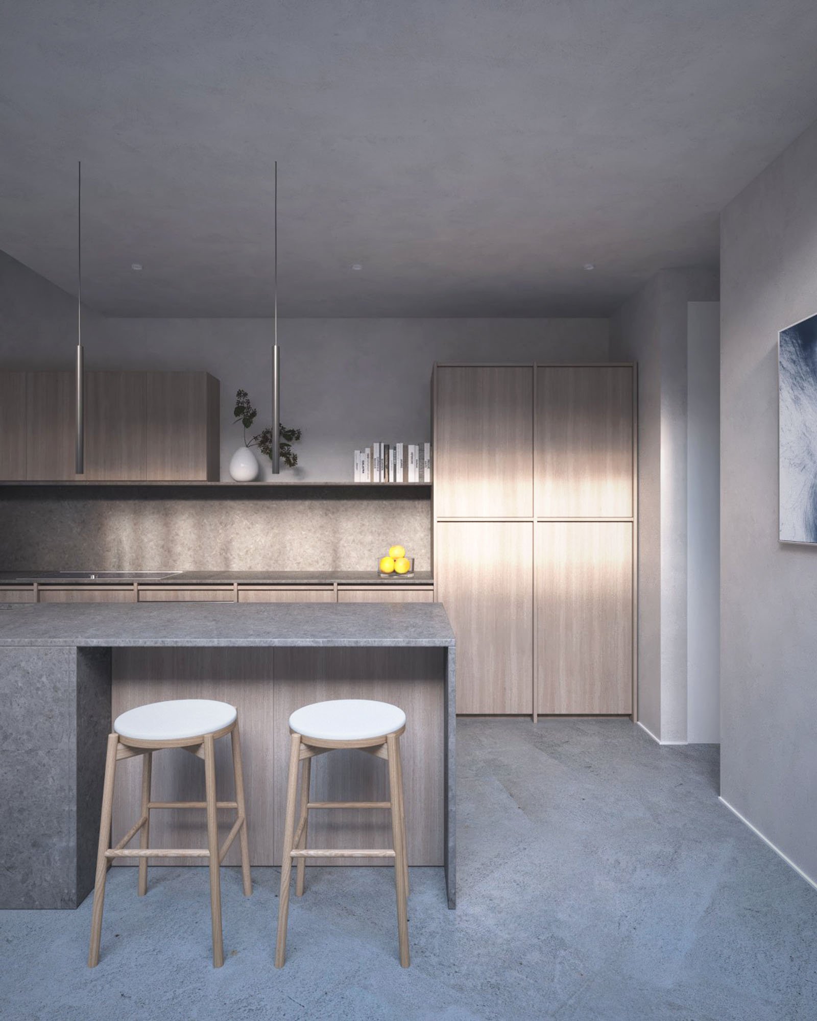 Architectural visualisation of the proposed Walthamstow kitchen extension, with timber cabinetry, stone island and continuous mineral floor.