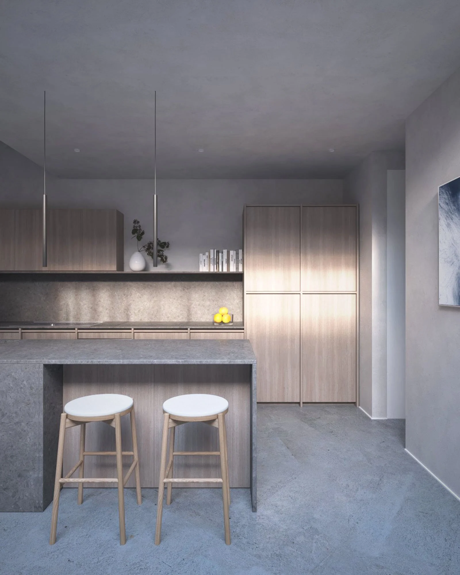 Kitchen and dining visualisation showing timber, stone, soft light and material atmosphere for Upper Walthamstow House.