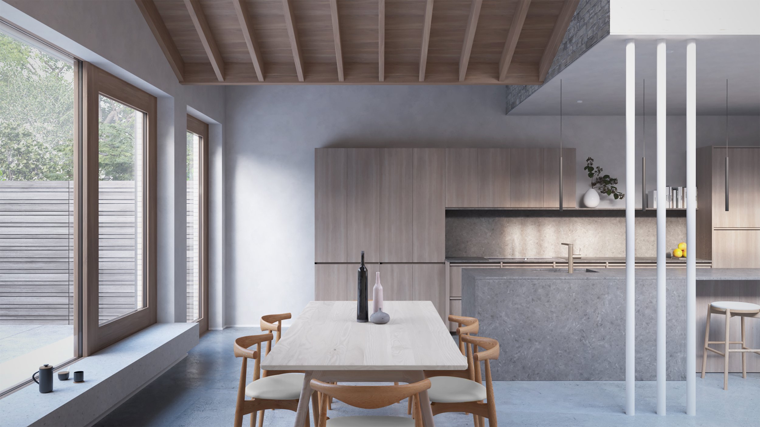 A Studio CMA Walthamstow home extension with kitchen, dining area, timber roof structure and garden-facing glazing.