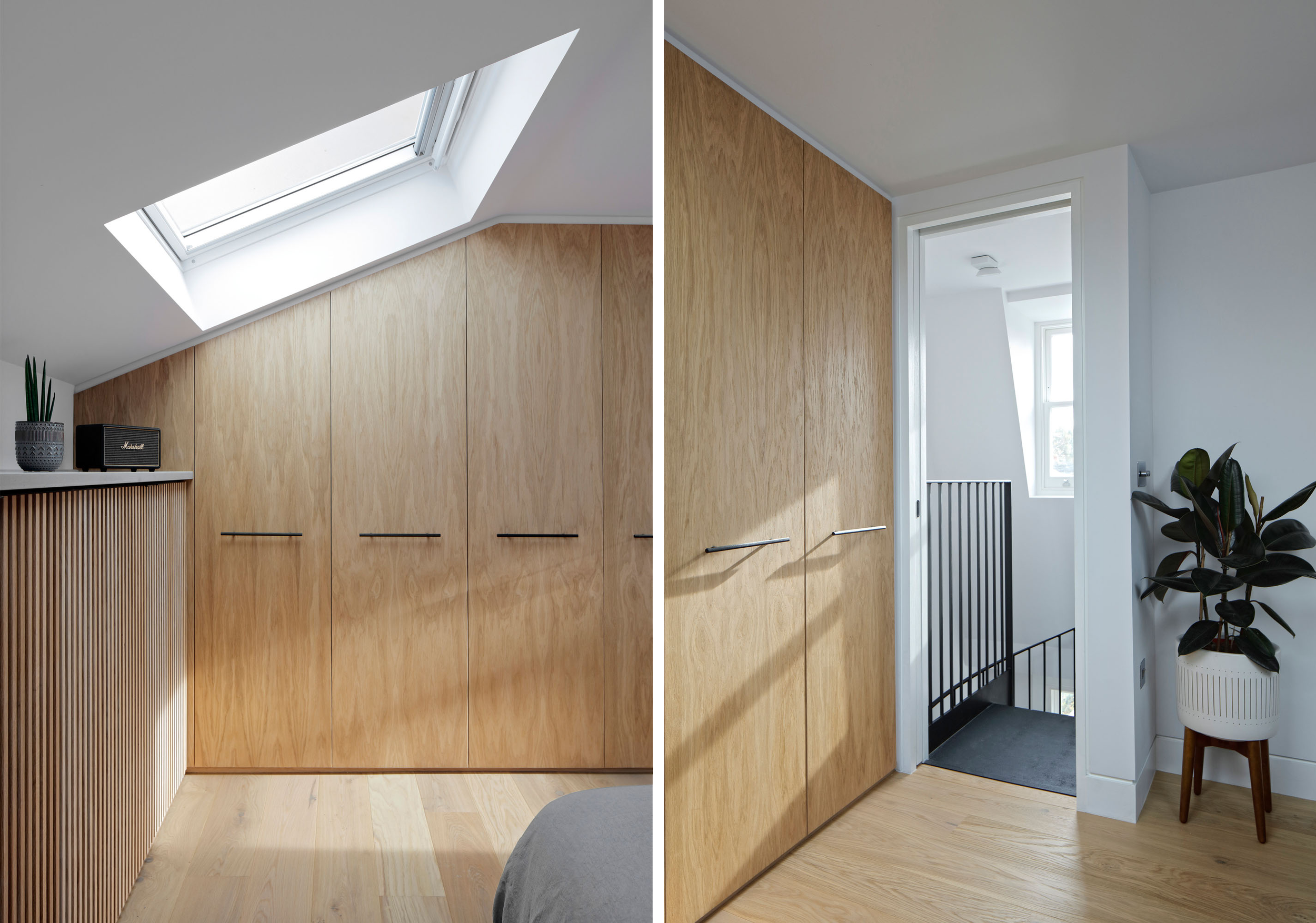 Bespoke oak joinery and borrowed light in a compact loft bedroom at Prebend Street Islington
