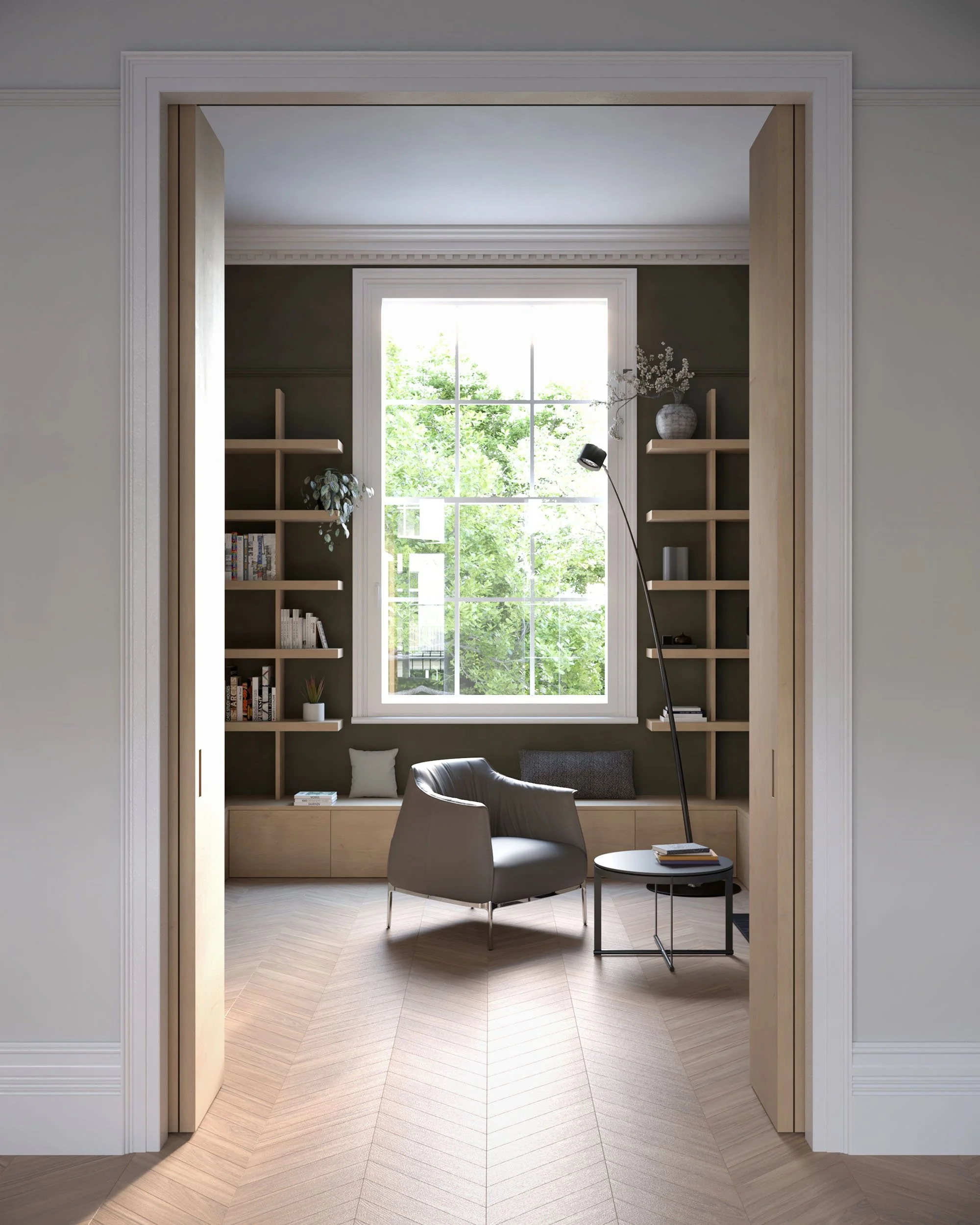 Period living room with large sash window showing solar gain shading and summer comfort considerations