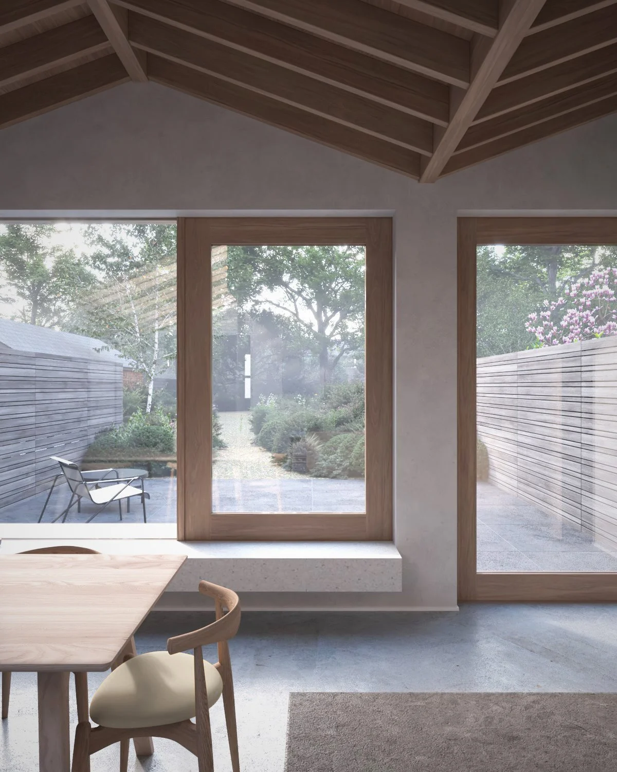 Victorian extension in Walthamstow with exposed timber roof structure and garden-facing dining space
