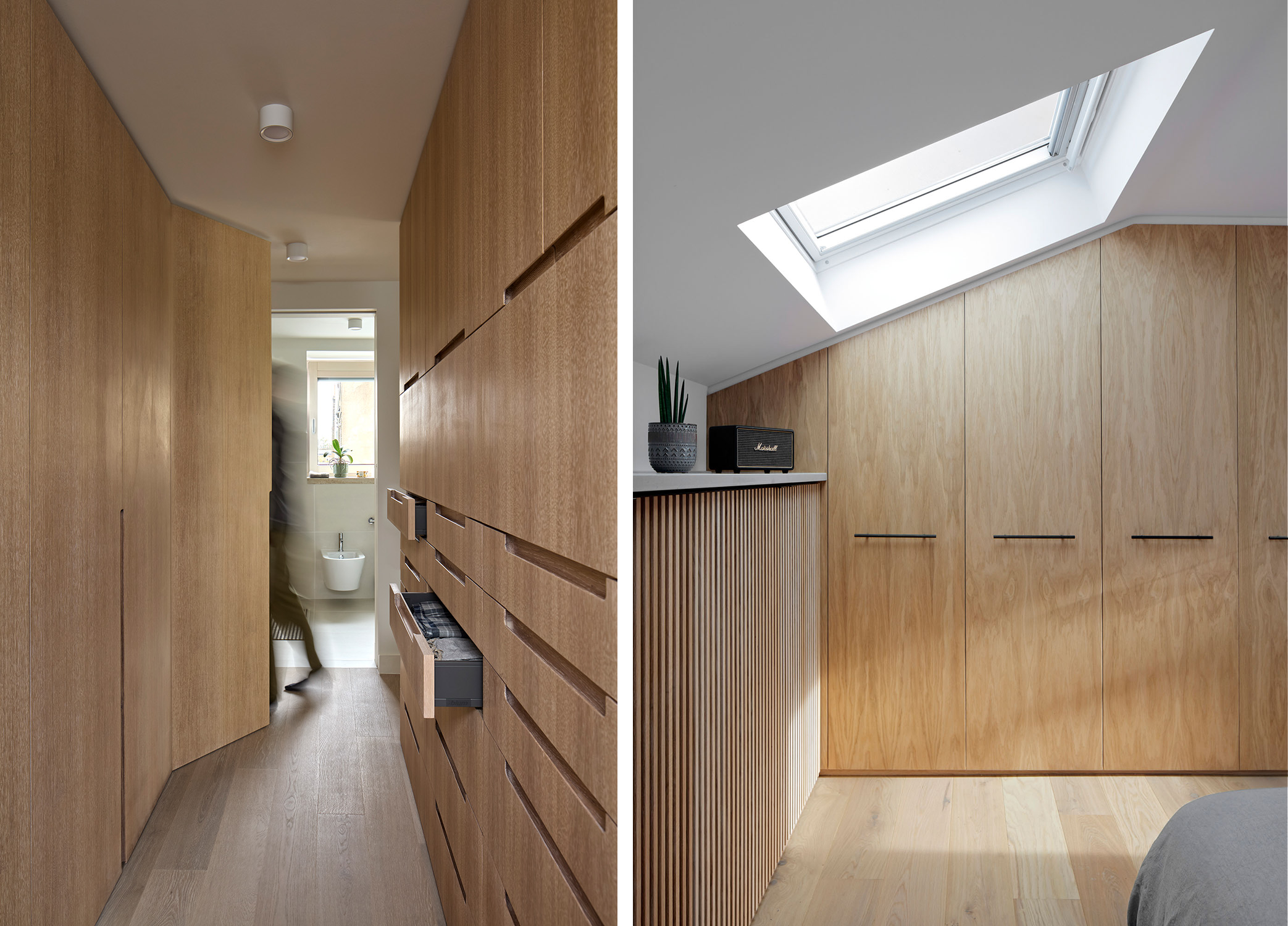 Bespoke joinery fitted to sloping loft roof with rooflight