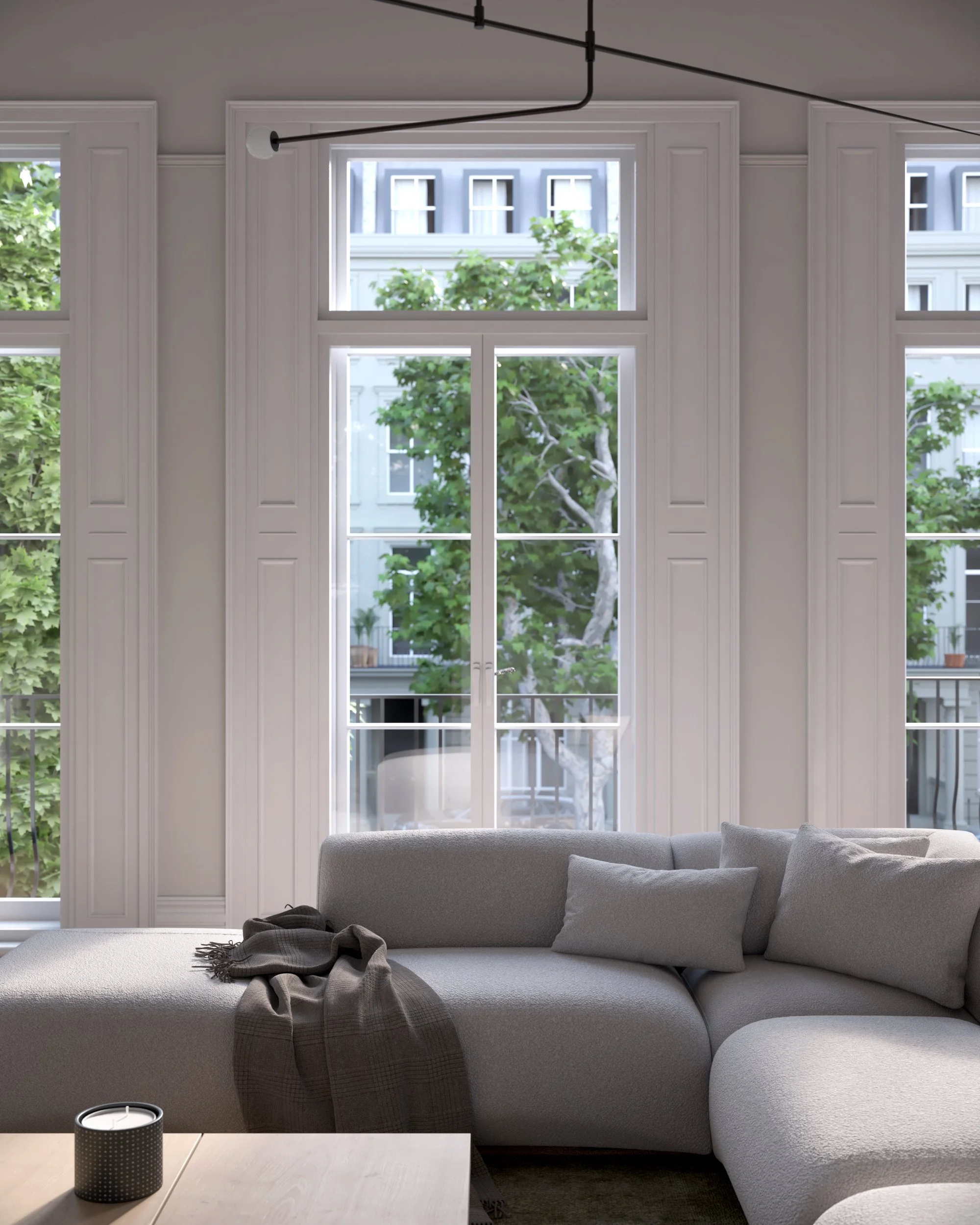 Period London living room with restored sash windows, natural materials and a calm retrofit approach