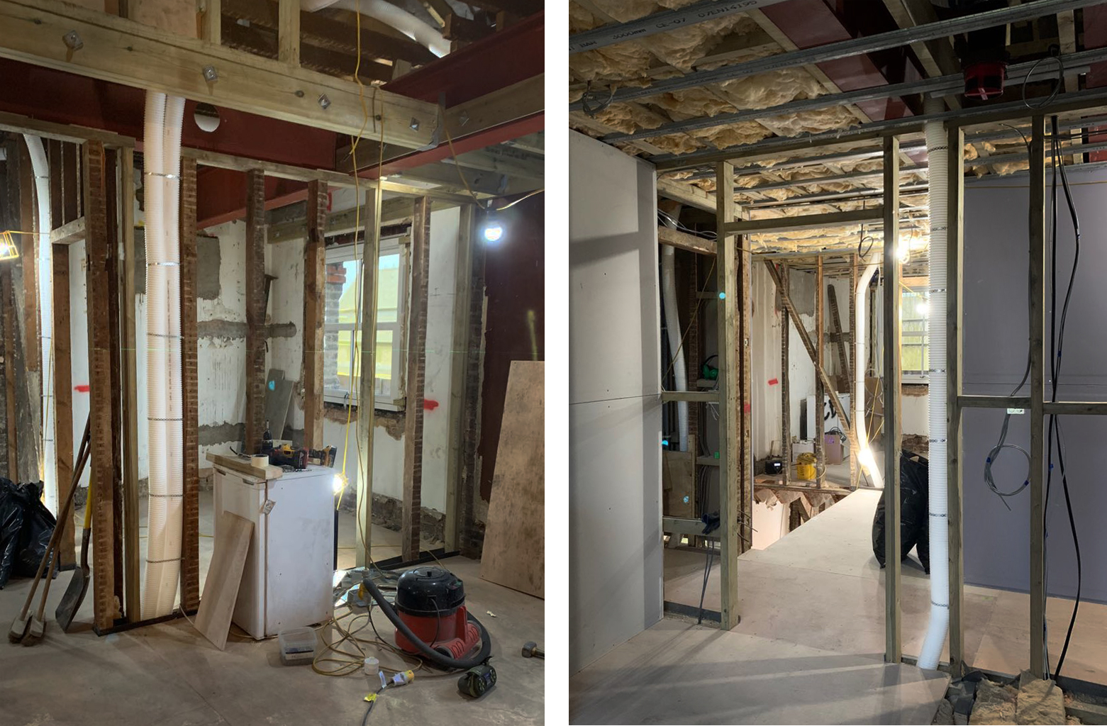 MVHR ductwork routed through exposed timber structure during a London period home retrofit