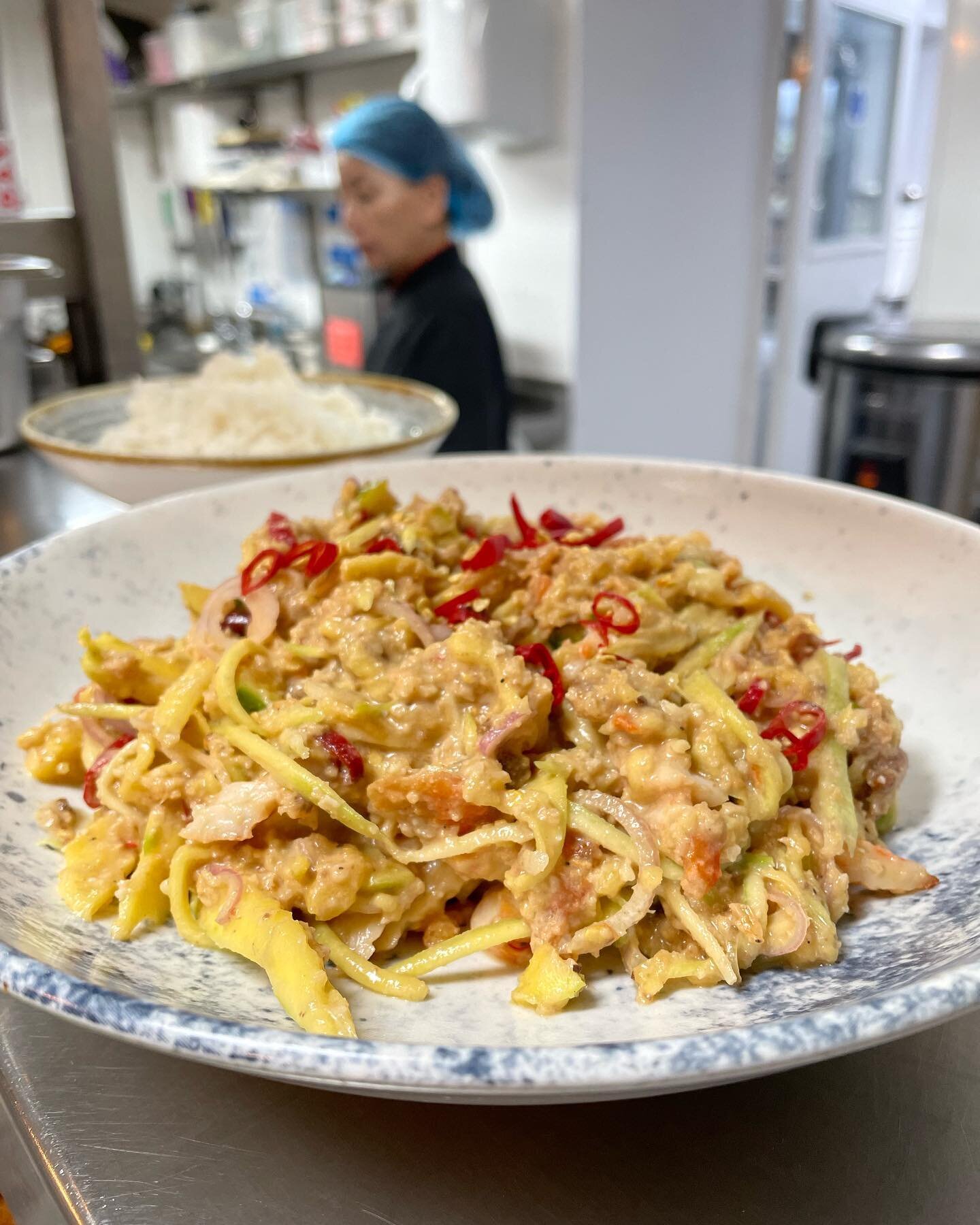 Yum Ma Maung. Different way of preparing mango salad, in this recipe coconut milk is added into pounded chilli and dried shrimp.