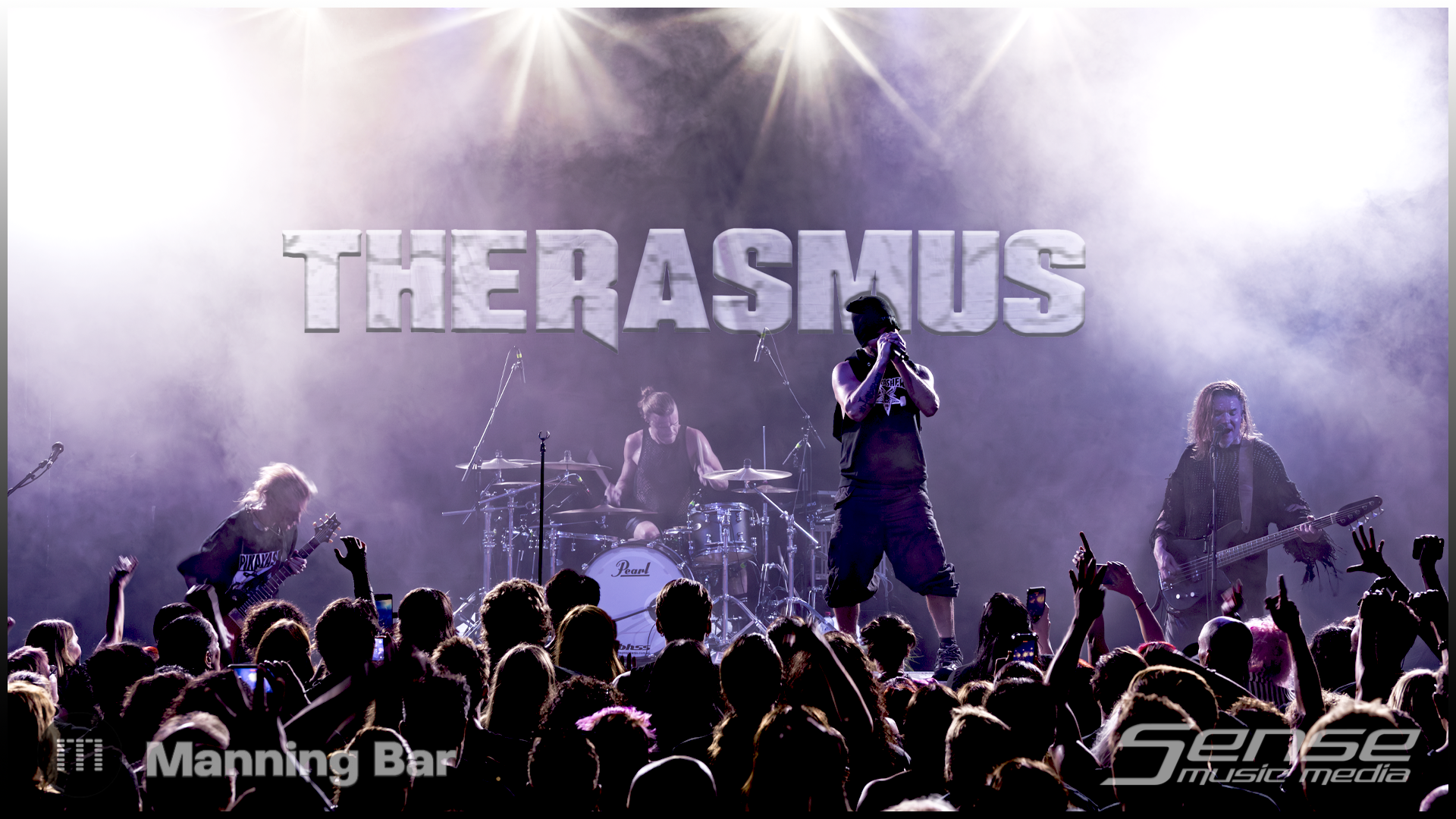 Photograph: The Rasmus Sydney Manning Bar Australia, live on stage. Band playing to crowd.