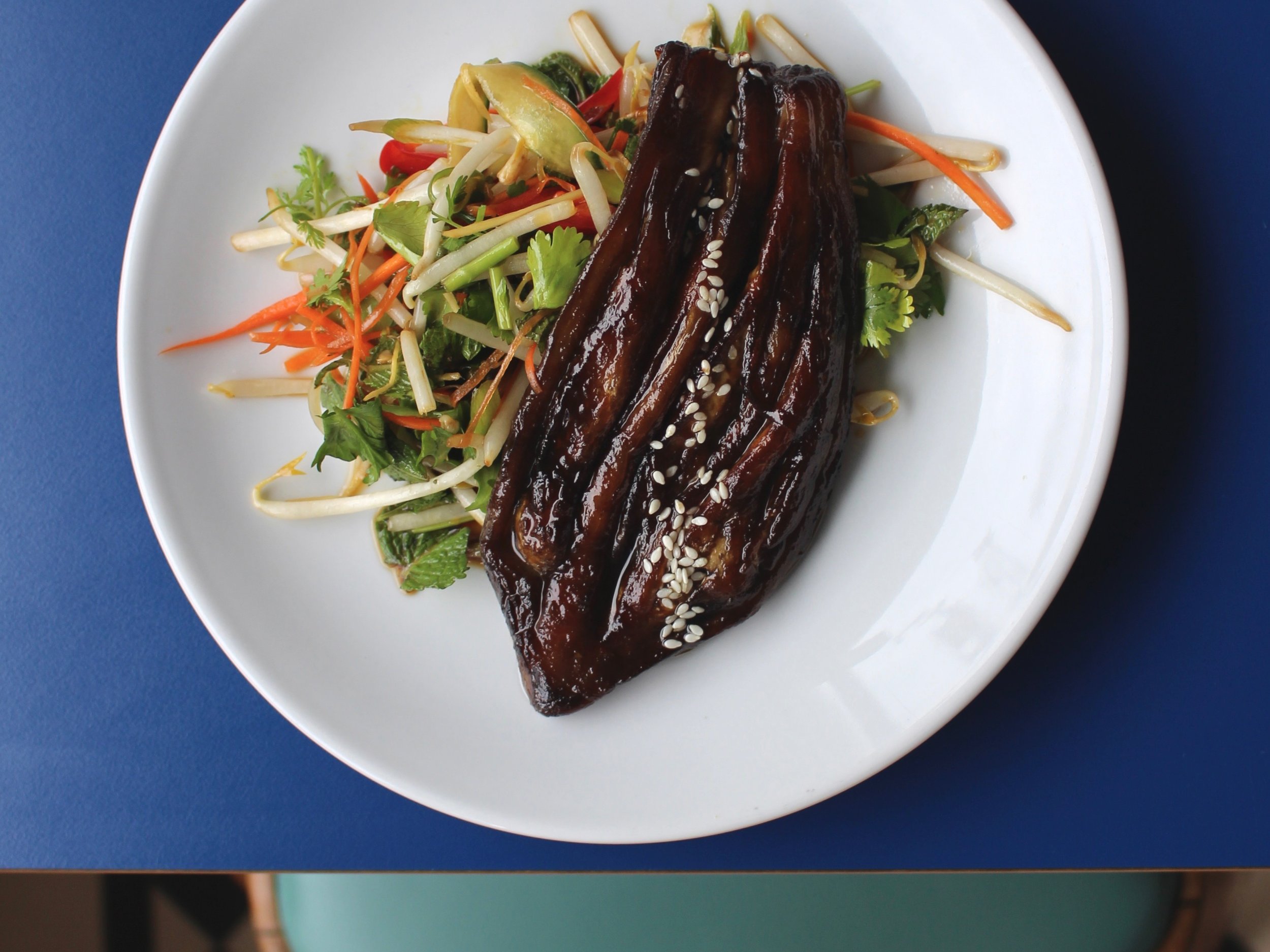 Steamed Aubergine, Unagi Sauce, Asian Salad (vg)