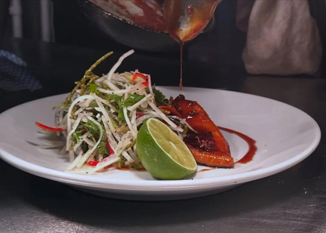 Szechuan Glazed Trout, Daikon, Ginger & Samphire
Summer Squash, Sweetcord & Borlotti Bean Succotash (vgo/ng)
#Mains #Dinner #KloseAndSoan #Deptford