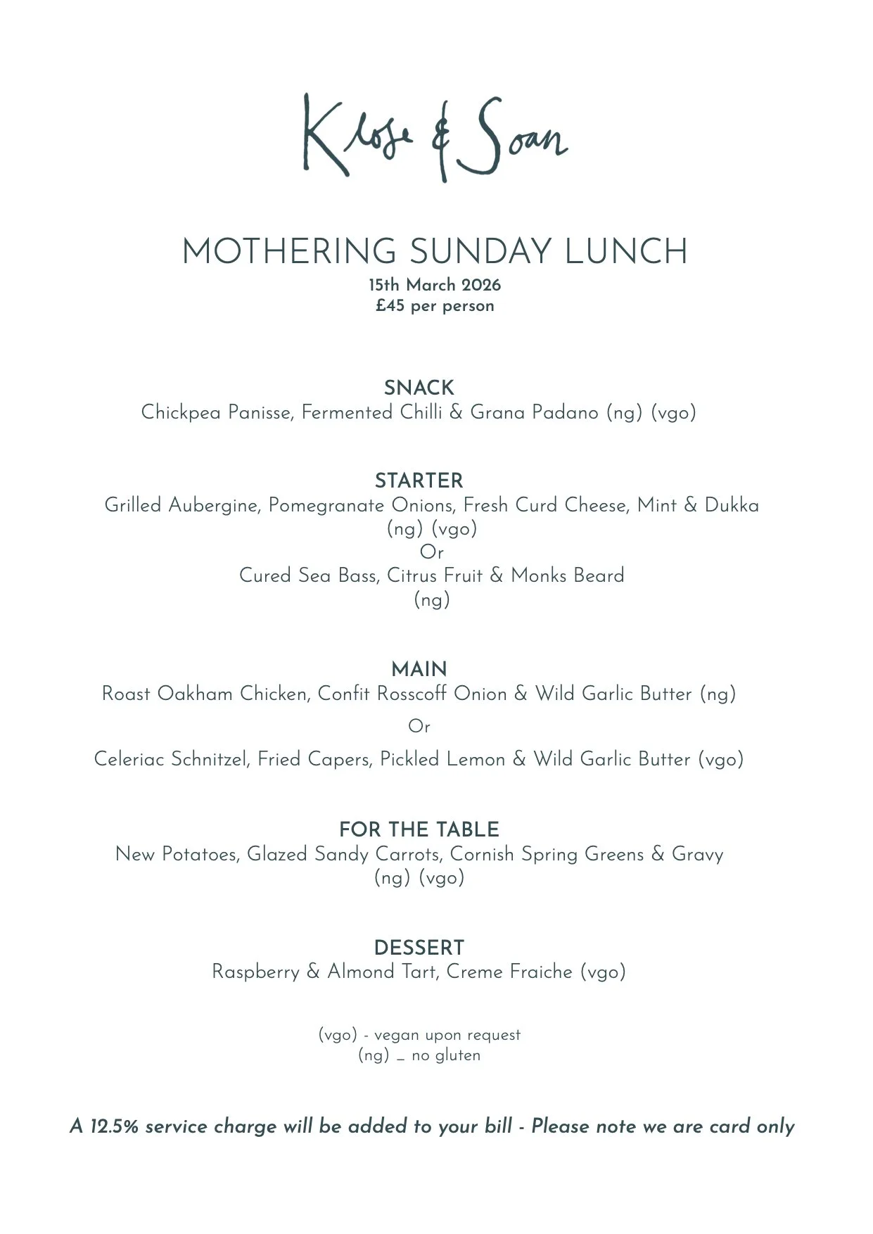 Mothering Sunday Menu for Klose and Soan in Deptford South East London