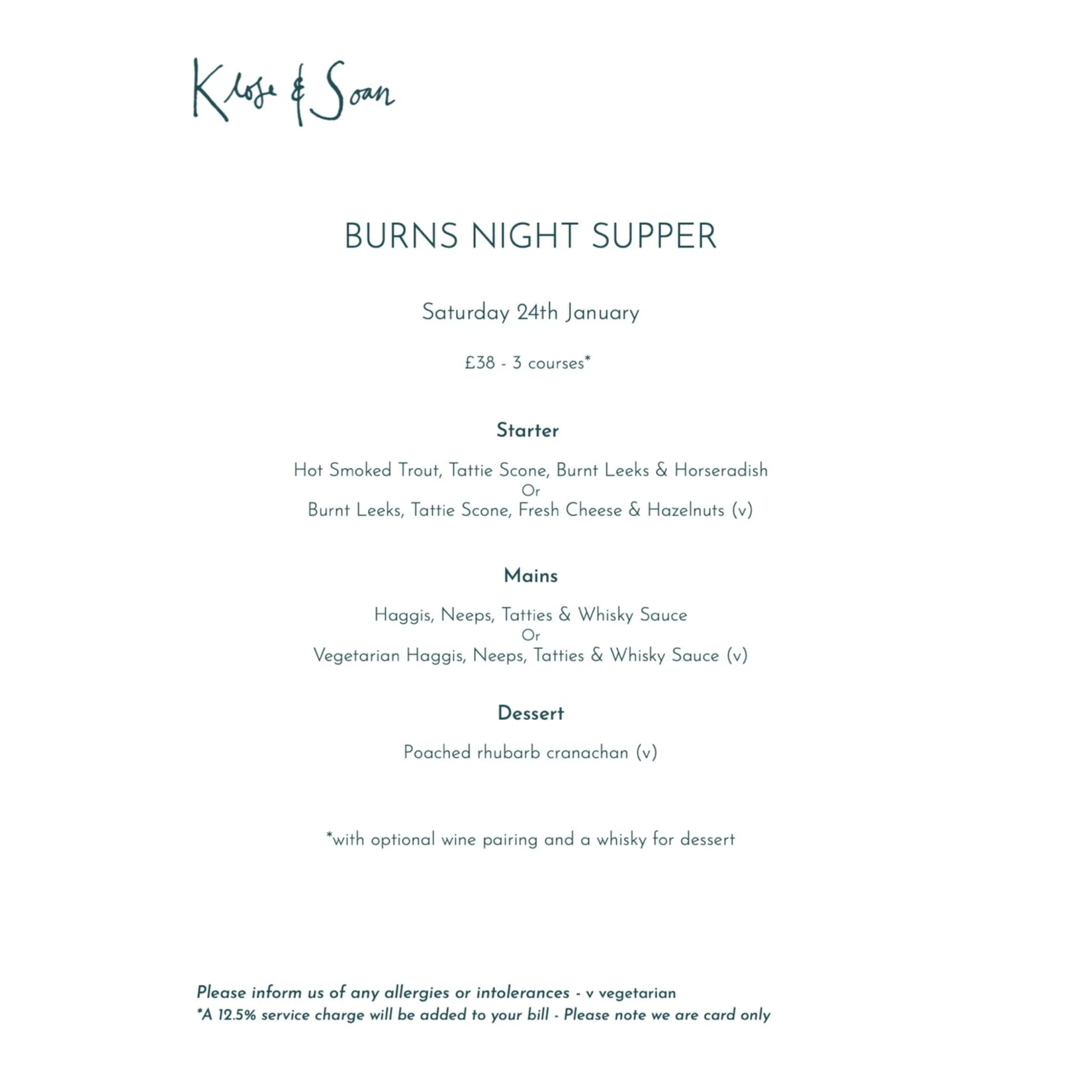 Klose and Soan burns night supper menu