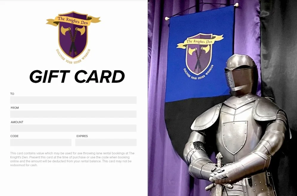 A gift card for The Knights Den, a medieval-themed establishment, with a backdrop of purple curtains, a blue banner with the Knights Den logo, and a suit of medieval armor holding a sword.