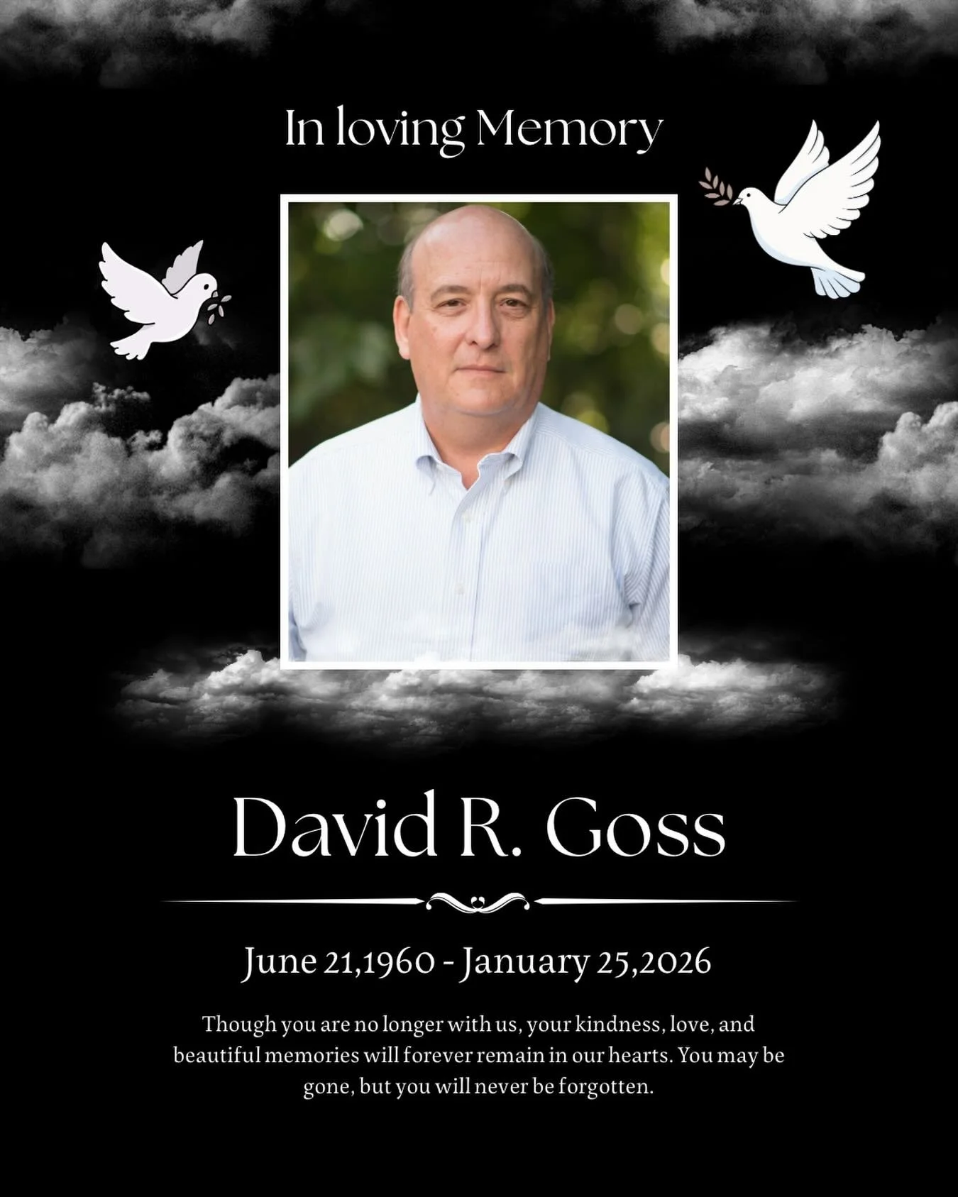 It is with deep sadness that I share that my friend and business partner, Dave Goss, passed away at his home on Sunday. This loss is a shock to all who knew and loved him. Dave had an incredible spirit and leaves behind a void that can&rsquo;t be fil