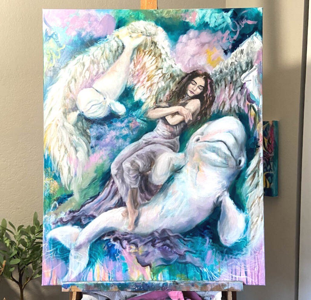 This angel swims in bliss as she feels the love and joy between #belugawhales who swim in pods. 💗💜💙 The moon shows the connection between the waters and the moon cycles, just as the whales migrate in cycles throughout the year. This angel watches 