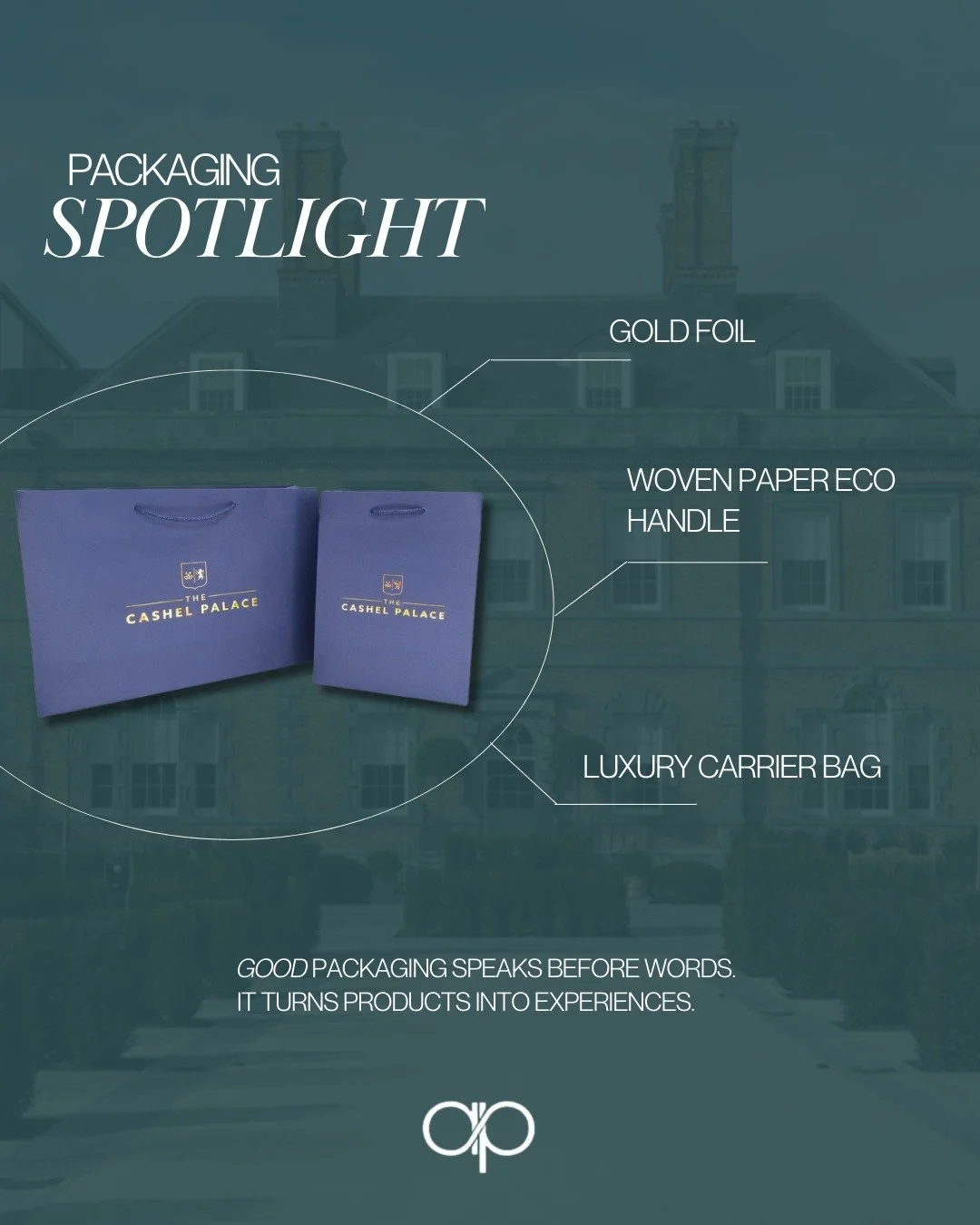 Packaging Spotlight: Cashel Palace ✨

Luxury in every detail featuring gold foil branding, a woven paper eco handle, and a premium carrier bag.  This packaging not only protects your products but creates an unforgettable unboxing experience that refl
