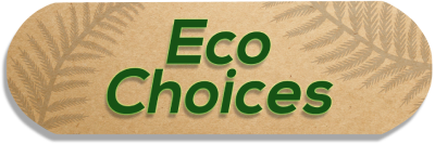 Eco Choices logo on a brown background with green text and leaf pattern.