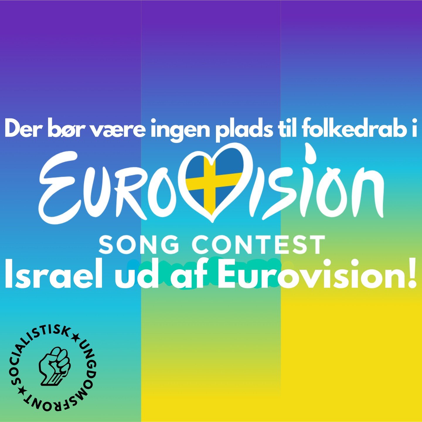 Der b&oslash;r v&aelig;re ingen plads til folkedrab i Eurovision.
Israel ud af Eurovision!
Vi har de sidste 7 m&aring;neder v&aelig;ret vidne til et folkemord beg&aring;et af Israel. Da krigen mellem Rusland og Ukraine br&oslash;d ud, blev Rusland ud