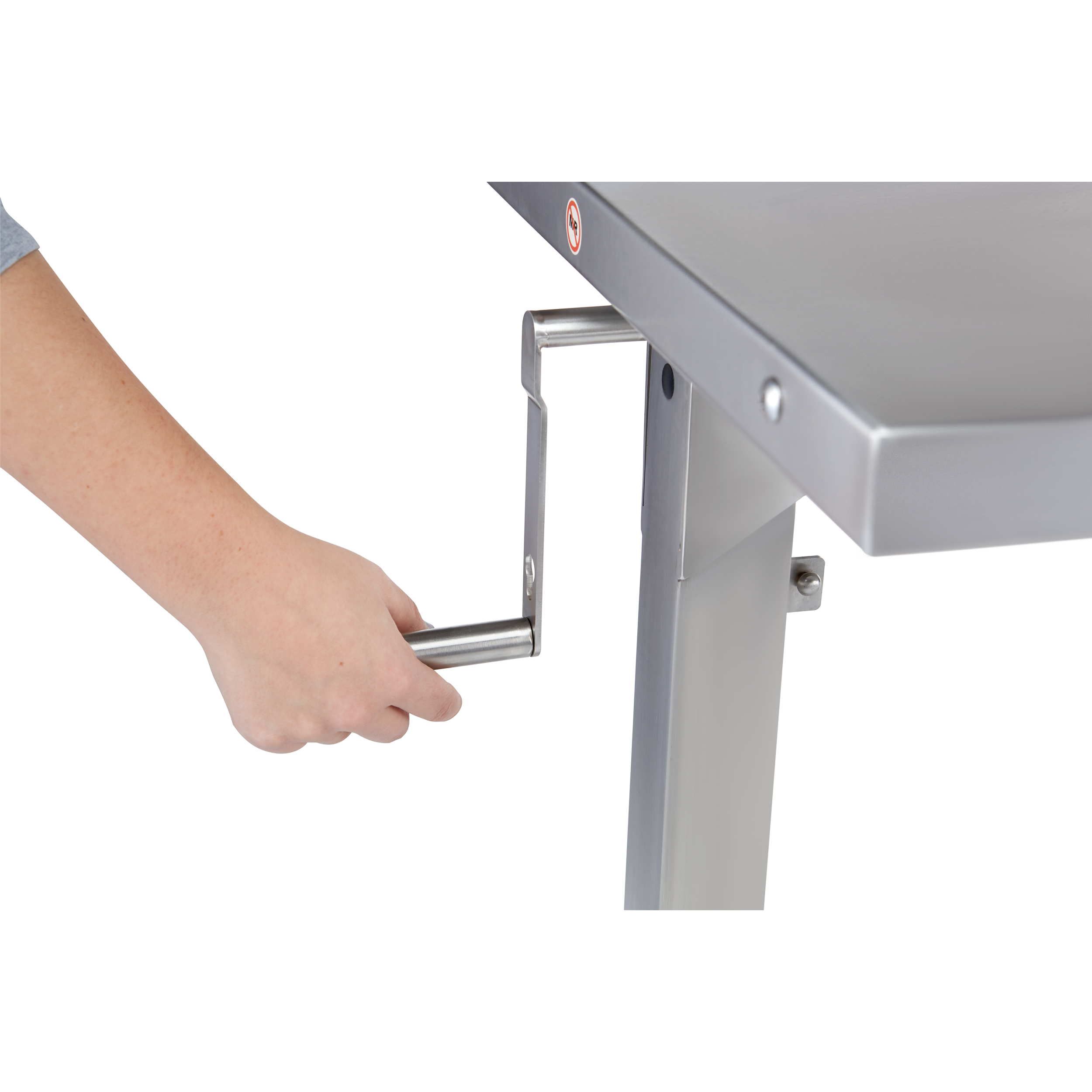 Stainless Steel Manually Adjustable Georgetown Table for OR; Hand Crank Feature Detail Shown with Nurse