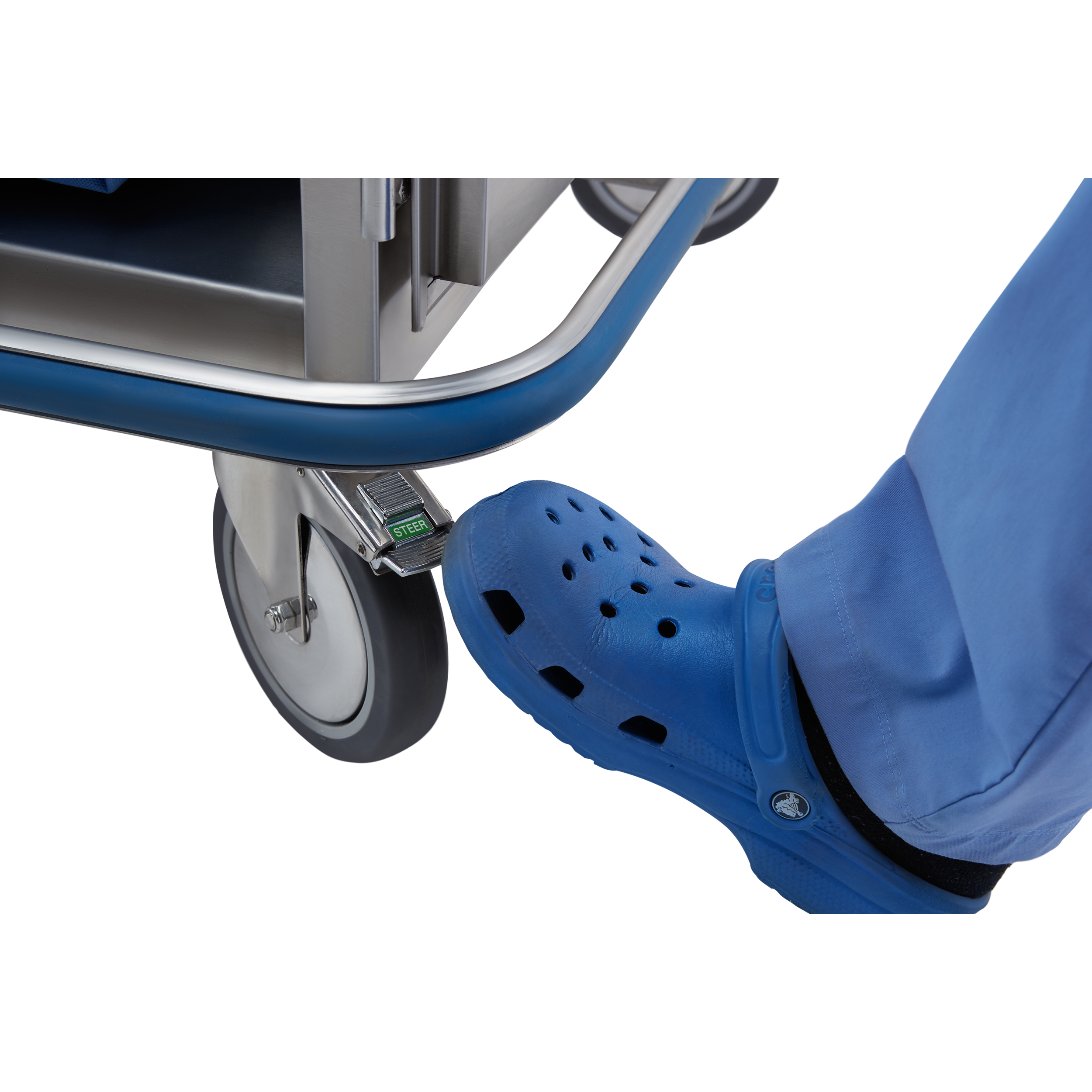 CCC2-19 Stainless Steel Multipurpose Medical Case Cart; Encircling Rubber Bumper and Locking Caster Detail Shown with Nurse