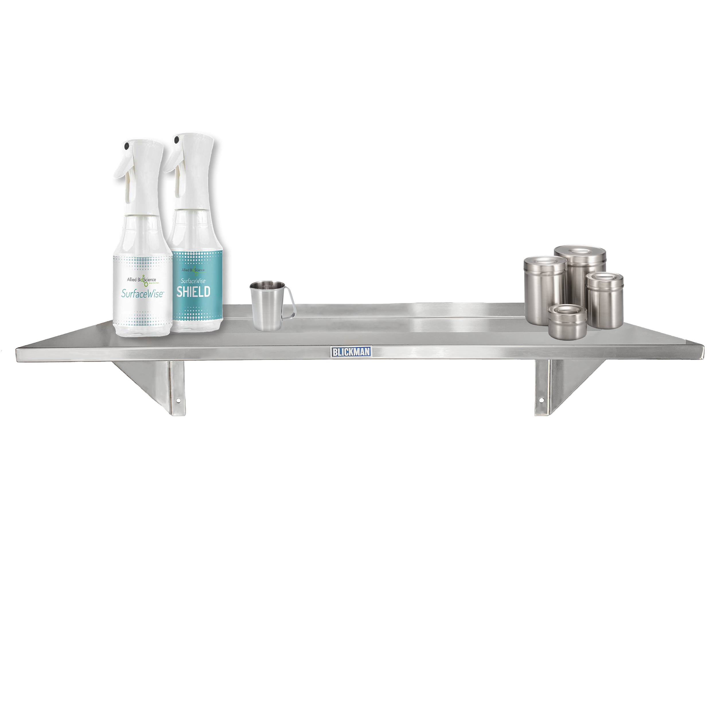 WS1212-WS12016 (18"W-120"W) Premium Stainless Steel Medical Wall Shelf Assembly; Shown with Surgical Supplies and Instruments