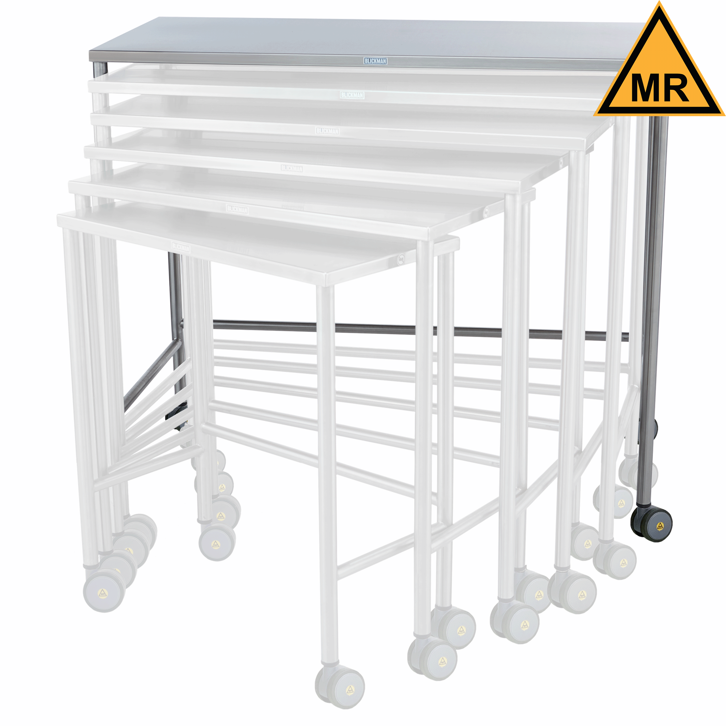 7821MR Complete Set of 6 MR Conditional Stainless Steel Nested Medical Instrument Tables GIF