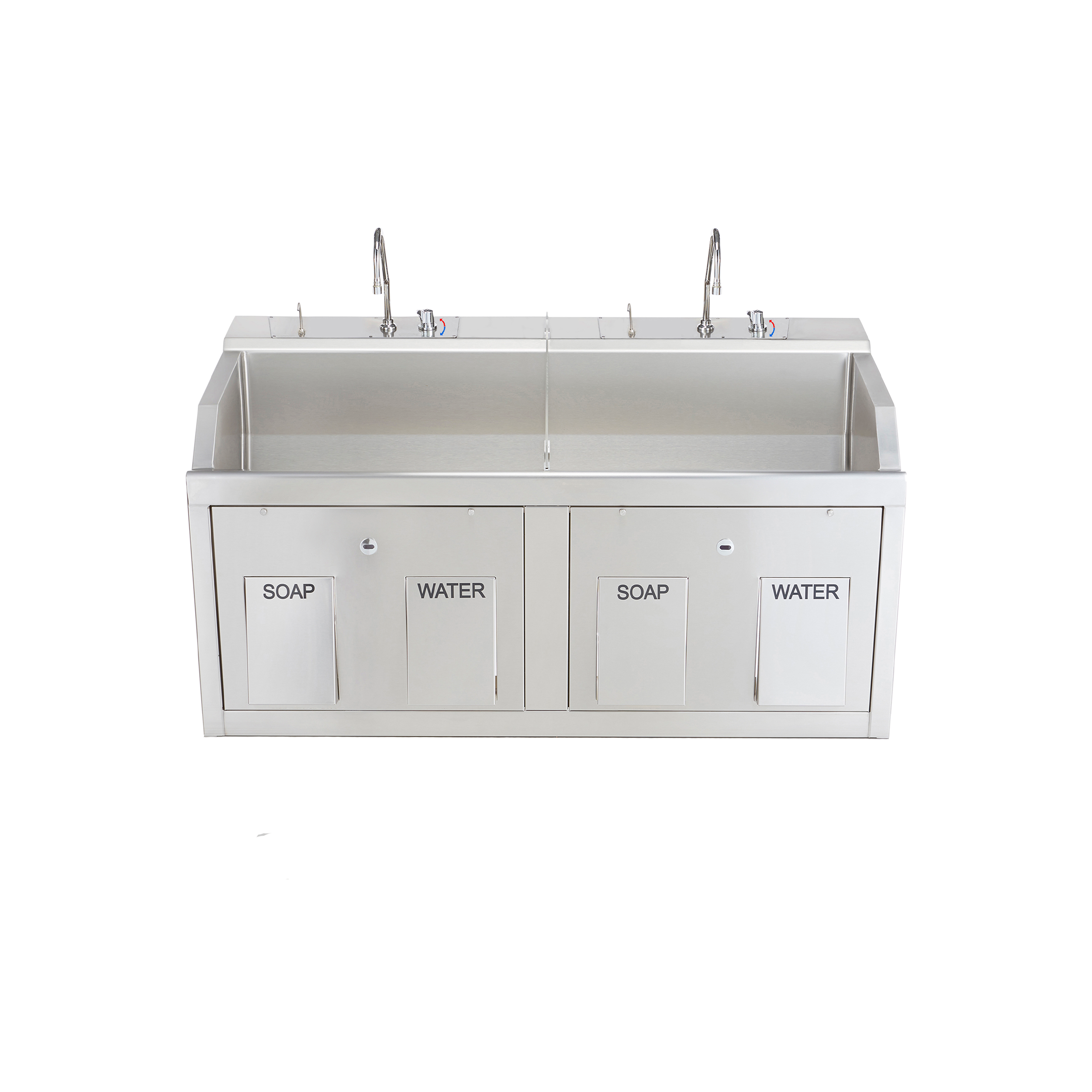 9882SSW Stainless Steel Double Station Wall Mounted Lodi Scrub Sink w/Infrared Water Control & Knee Action Water/Soap Pedals