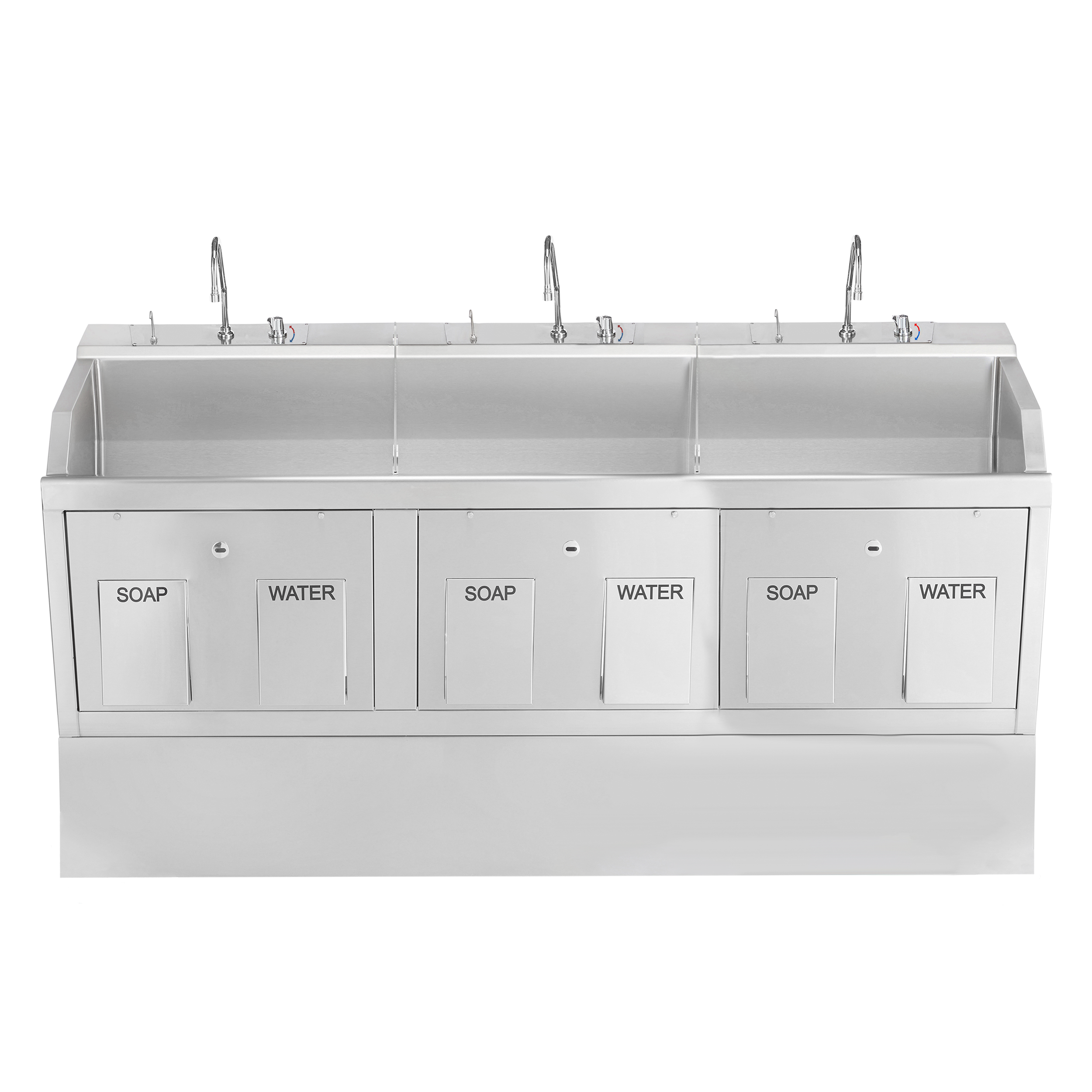 9883SSP Stainless Steel Triple Station Pedestal Lodi Scrub Sink w/Infrared Water Control & Knee Action Water/Soap Dispensers