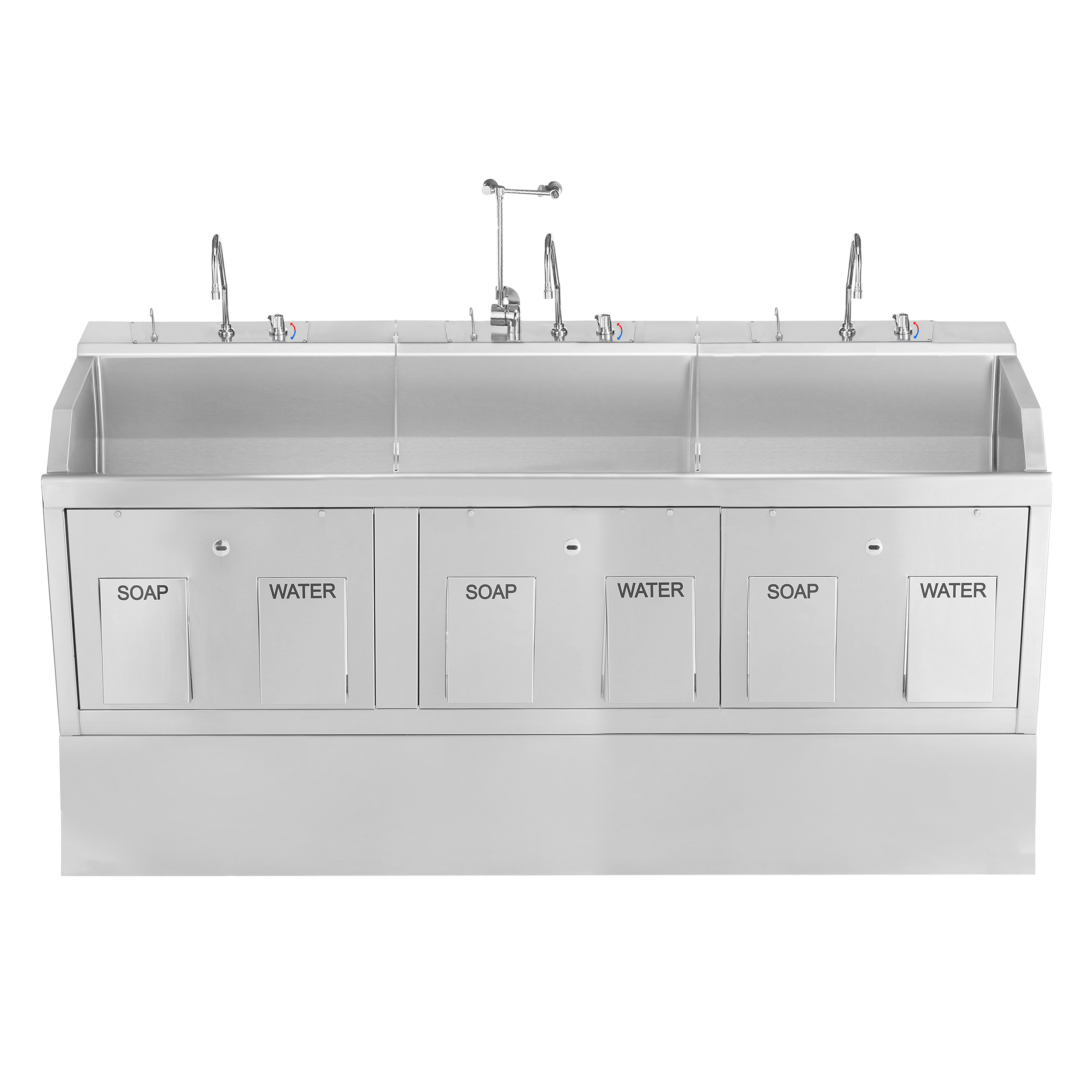9883SSPED Stainless Steel Triple Station Pedestal Lodi Medical Scrub Sink; Includes Eyewash and Digital Timer