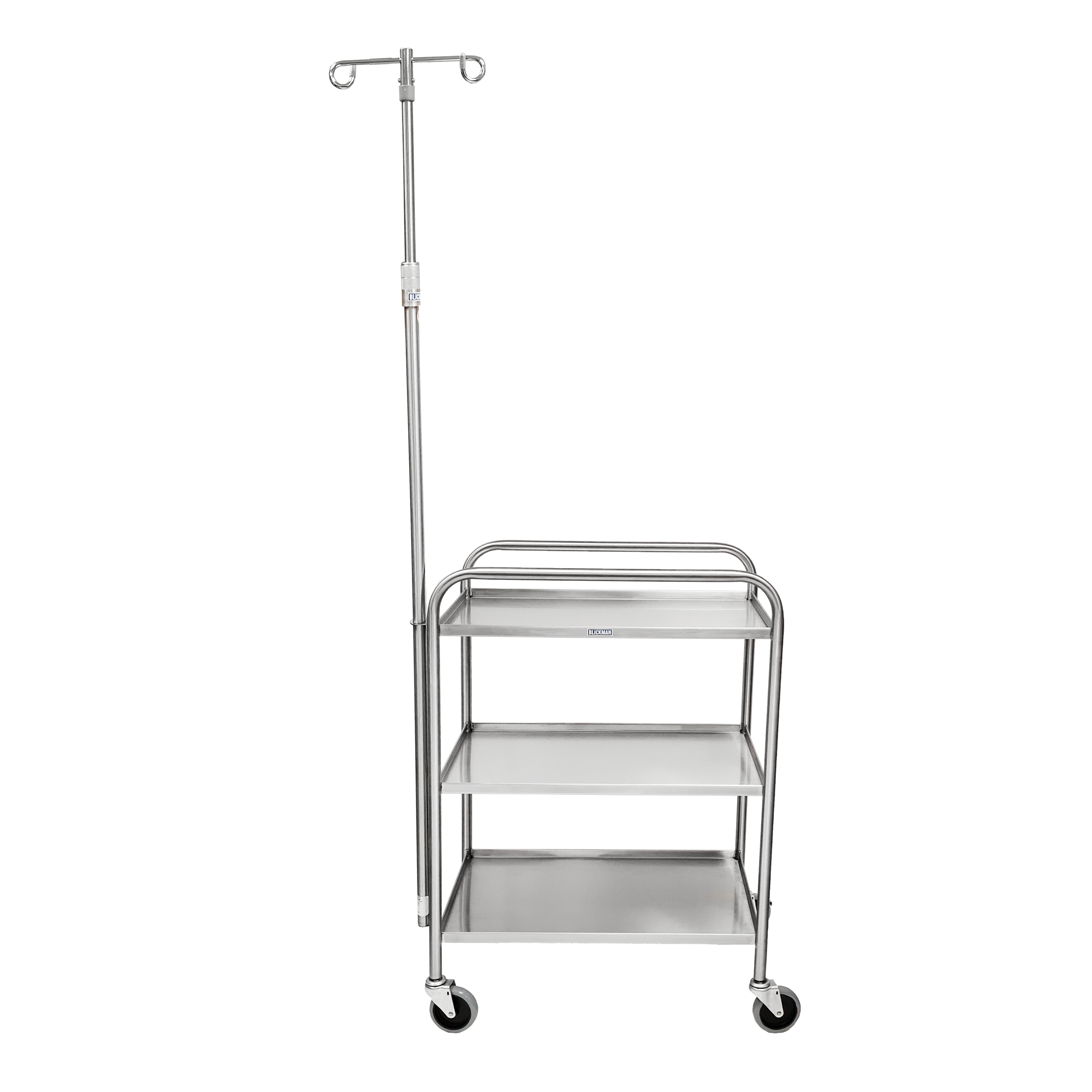 7535SS-IV Medium Duty Stainless Steel Medical Utility Cart with Side Rails, IV Pole Attachment and 3 Shelves Each with 4 Lipped Side