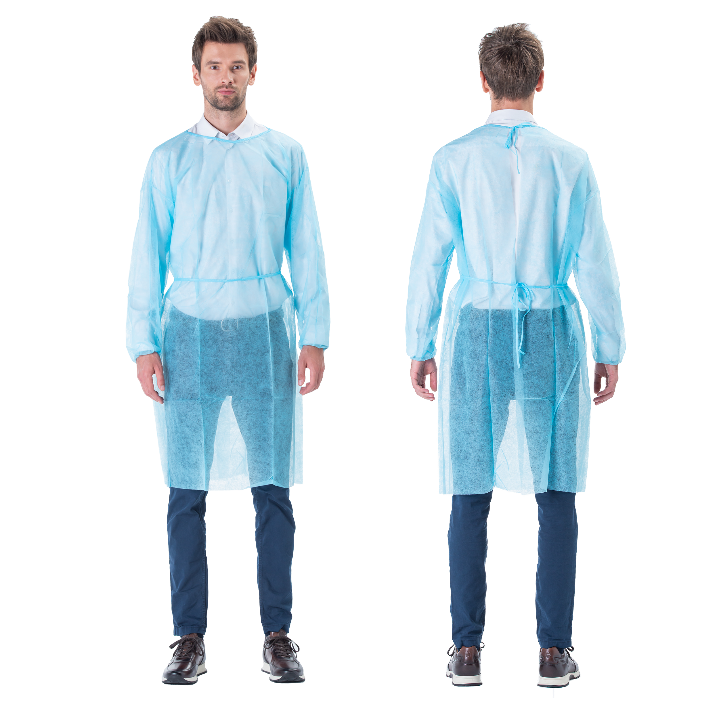 AAMI Level 1/2/3 Chlorinated PE Blue Disposable or Reusable Isolation Gown Shown on Nurse with Full Back and Elastic Wrist