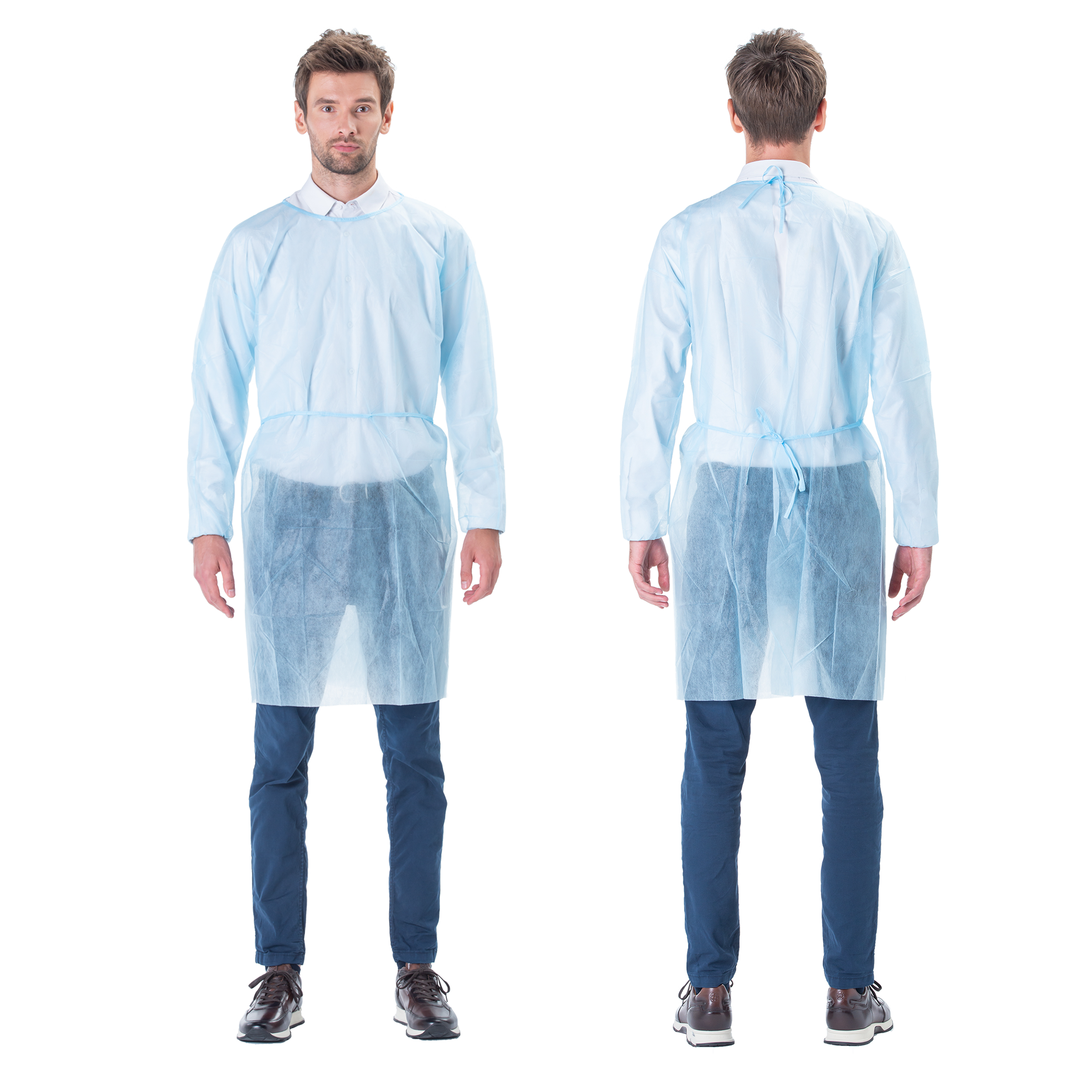AAMI Level 2/3 SMS Blue Disposable or Reusable Isolation Gown Shown on Nurse with Neck Tie, Full Back and Elastic Wrist