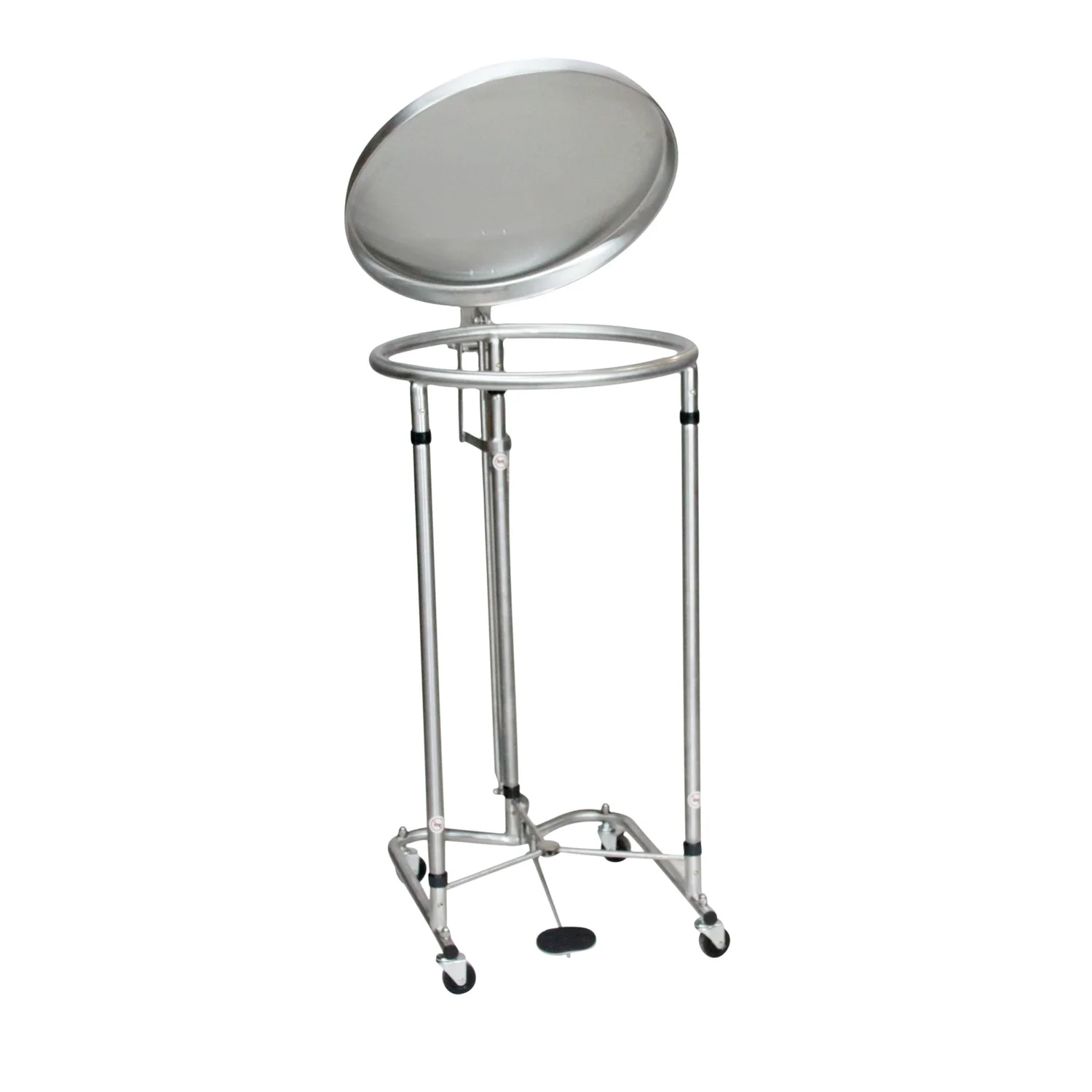 2118 18" Diameter Chrome Covered Medical Laundry Hamper with Pneumatic, Hands-Free, Foot-Operated Lift Mechanism; Shown Open