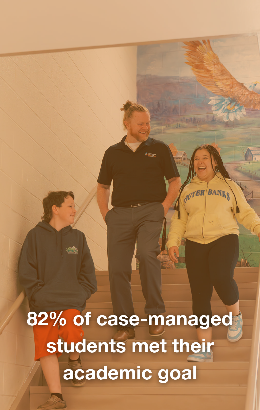A man and two children walking and smiling on a staircase with a mural of a bird and landscape in the background. The text overlay reads: '82% of case-managed students met their academic goal.'