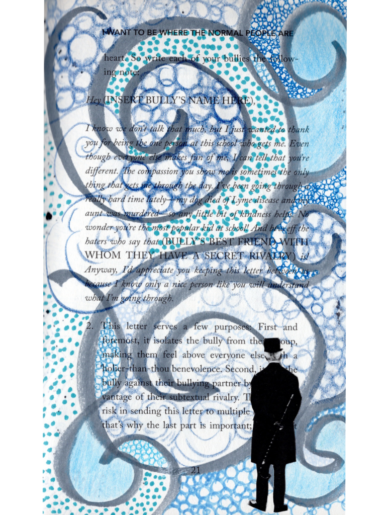 altered book page with blue and grey marker spiral drawing, circles, and a collaged-on figure in a top hat