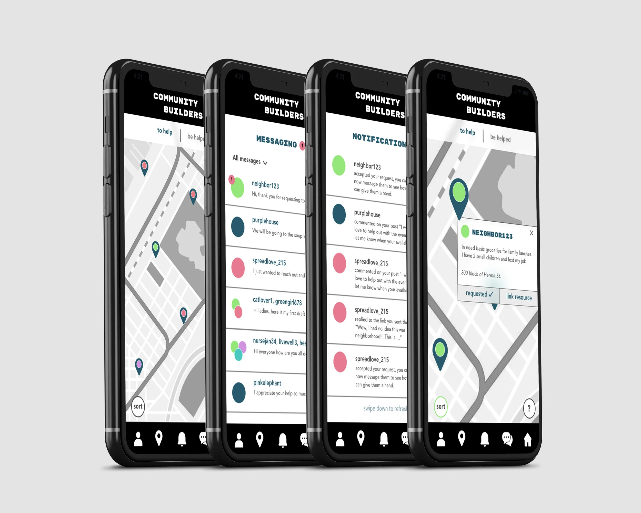 Visually showing a user how to request to help someone in their community.