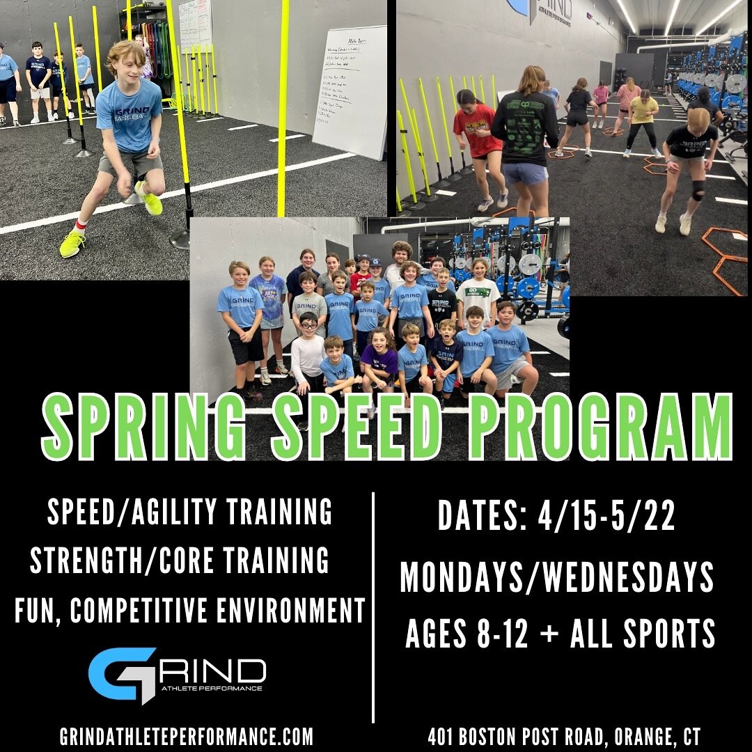 SPRING SPEED PROGRAM 🏃&zwj;♂️🏃&zwj;♀️🔥

Join us for our NEW Speed Program starting on April 15th!

Open to ALL ATHLETES of ALL SPORTS (8-12 years old)

We FOCUS on:
&mdash;Speed: acceleration drills, top end speed drills
&mdash;Agility: change of 