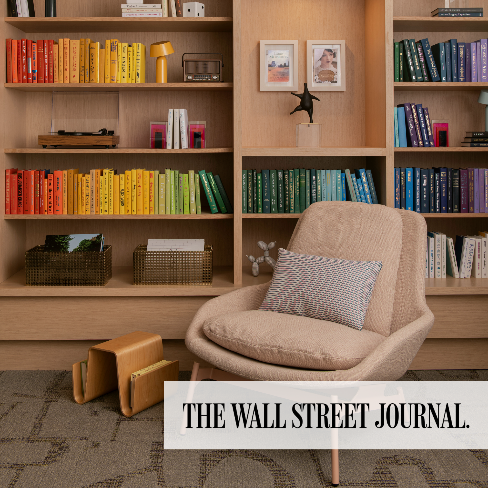 Rainbow library with colorful books and cozy seating