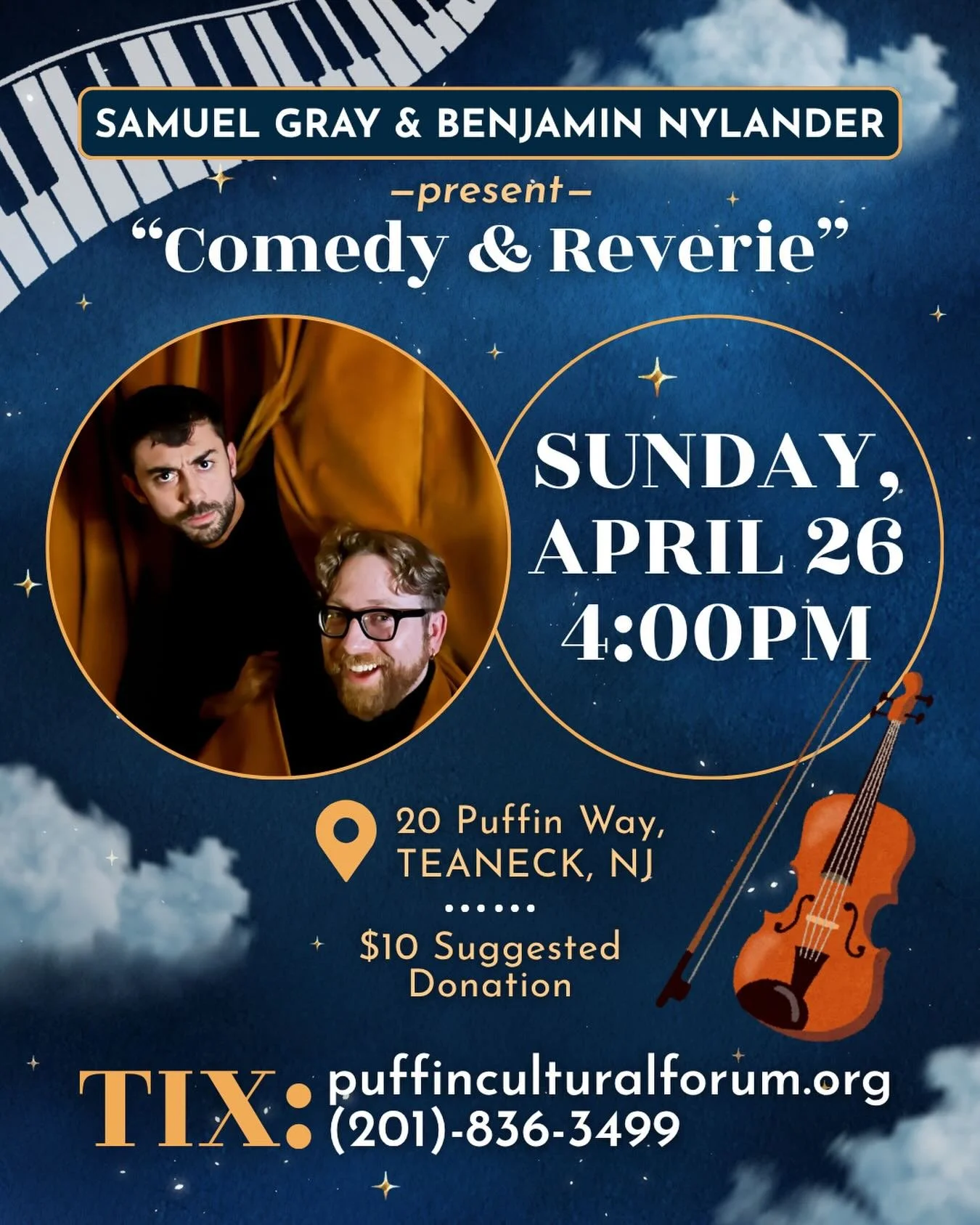 A program so nice we&rsquo;re doing it twice! 🎭🎻 This time, we invite our friends across the Hudson to join us in Teaneck, NJ for &ldquo;Comedy &amp; Reverie&rdquo;. Many thanks to @puffinculturalforum for inviting us to present this program in the