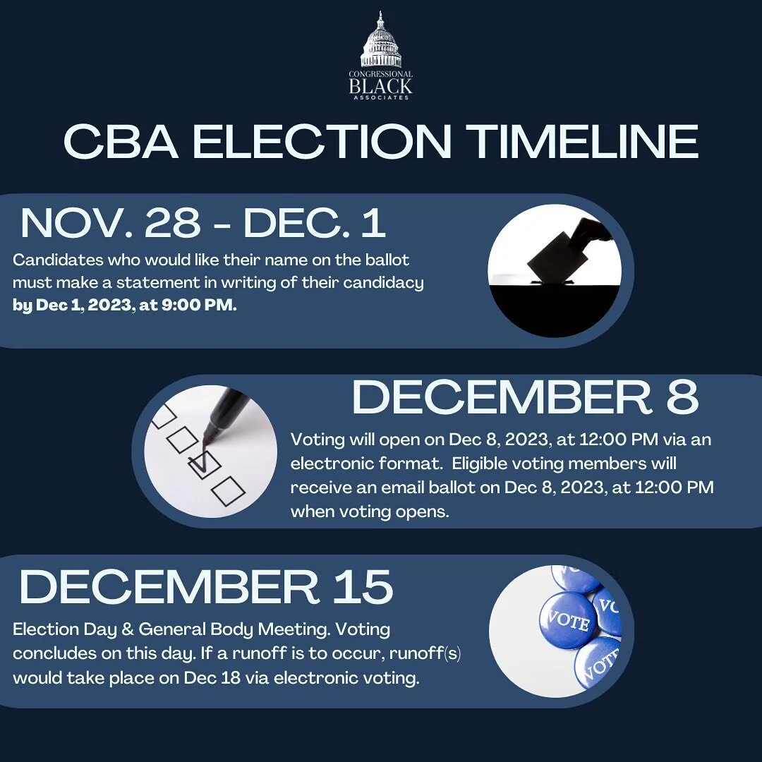 CBA is gearing up for its election season! Above you will see a short timeline of events beginning with all interested candidates submitting their intent to run by December 1 at 9:00 p.m. 

There is no word limit, but please make your statement long 
