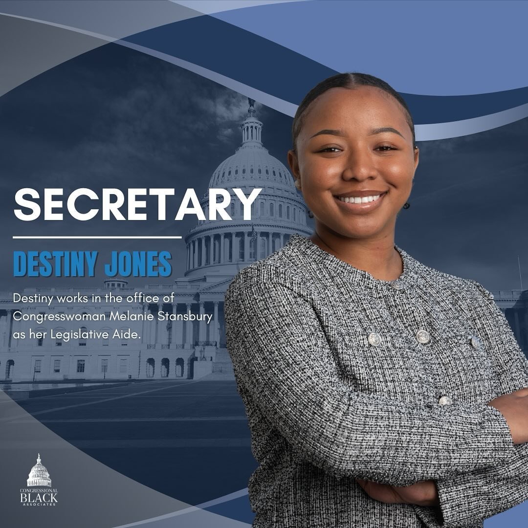 Introducing, Destiny Jones, who serves as secretary on the 2024 CBA Executive Board! 🗒️

Destiny Jones is a current Legislative Aide for Congresswoman Melanie Stansbury (NM-01). 

Previously, Destiny worked within operations as the scheduler for the
