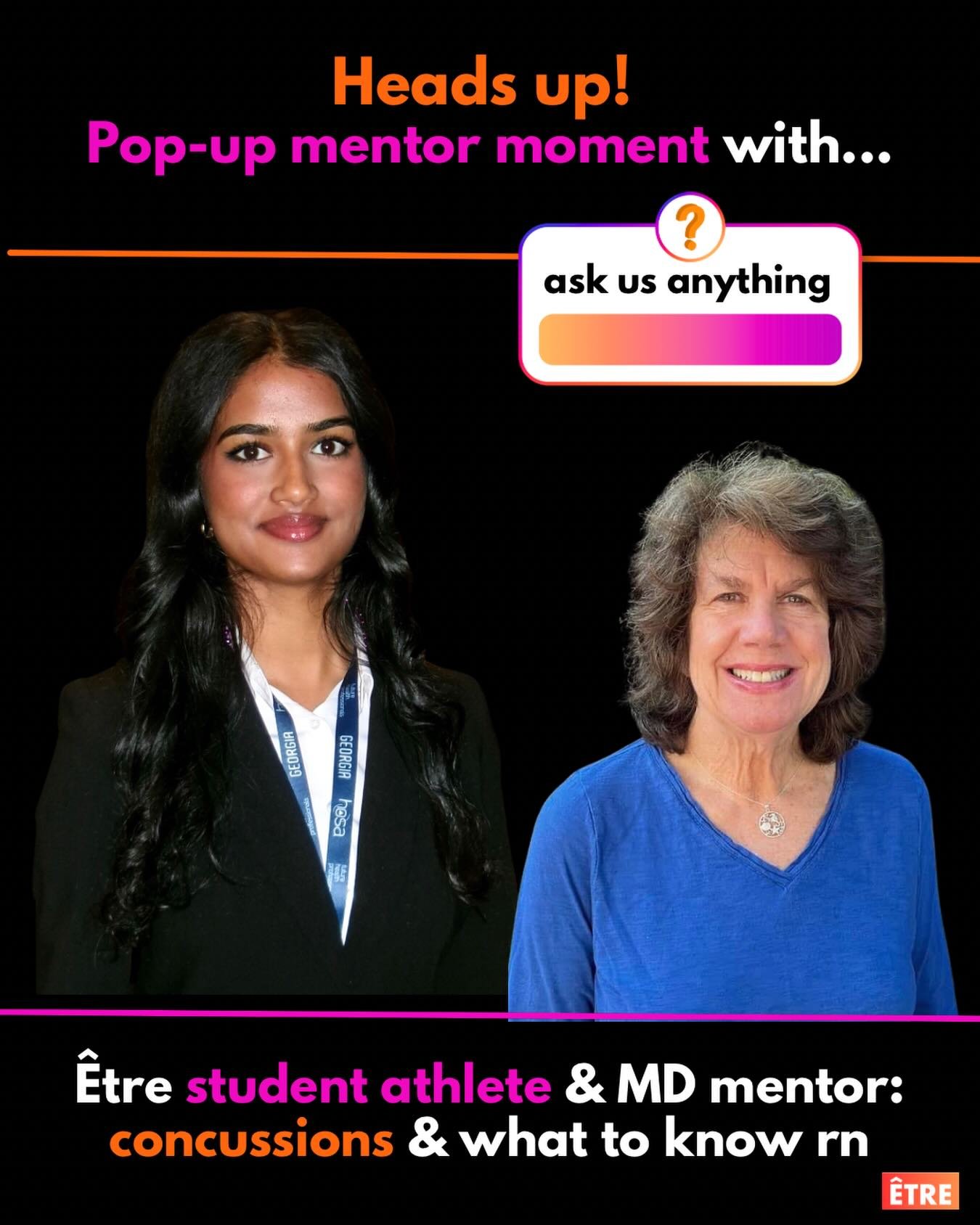 HEADS UP! 📣 New pop-up mentor moment happening THIS MONDAY led by &Ecirc;tre member, student athlete &amp; concussion awareness advocate @anushkaa.nag and her mentor Dr. Haarbauer-Krupa, former CDC TBI Task Force member! 🤩

DM us to join the zoom -