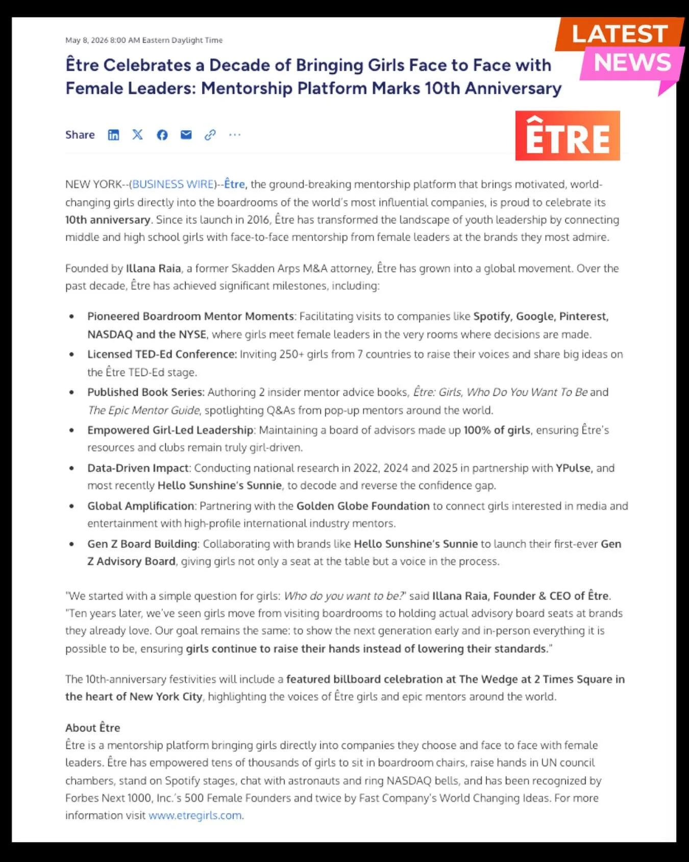 Celebratory news today - starting the party early! 🎉🎉 Link in bio for details&hellip; 🥳

#pressrelease #birthdayvibes #whodoyouwanttobe #mentorsmatter #etregirls
