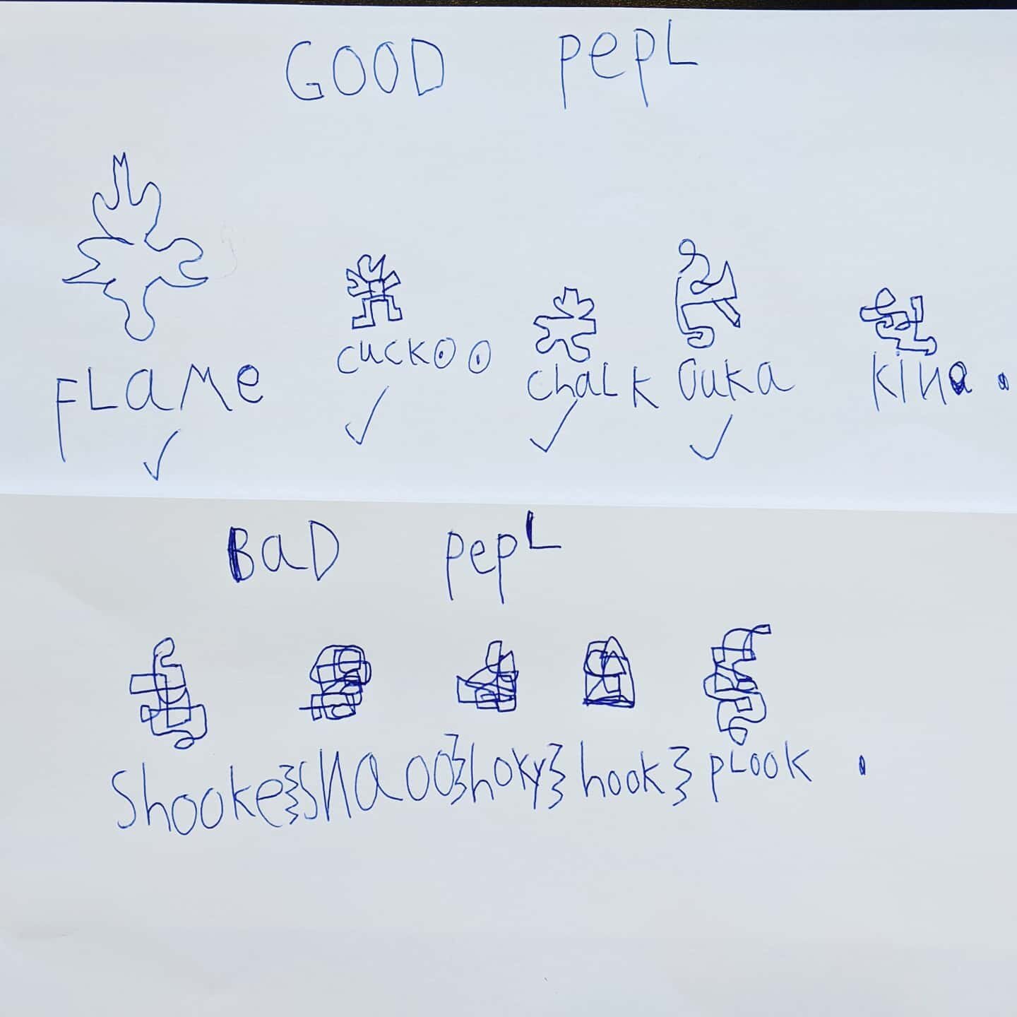 Here's a list of good vs bad people from my 7-year-old.  Note that he referred to these as &quot;characters&quot;, perfectly utilizing both definitions of the word, I think.⁣⁣
⁣⁣
Good pepl: Flame, Cuckoo, Chalk, Ouka, Kino.⁣⁣
Bad pepl: Shooke, Snaoo,