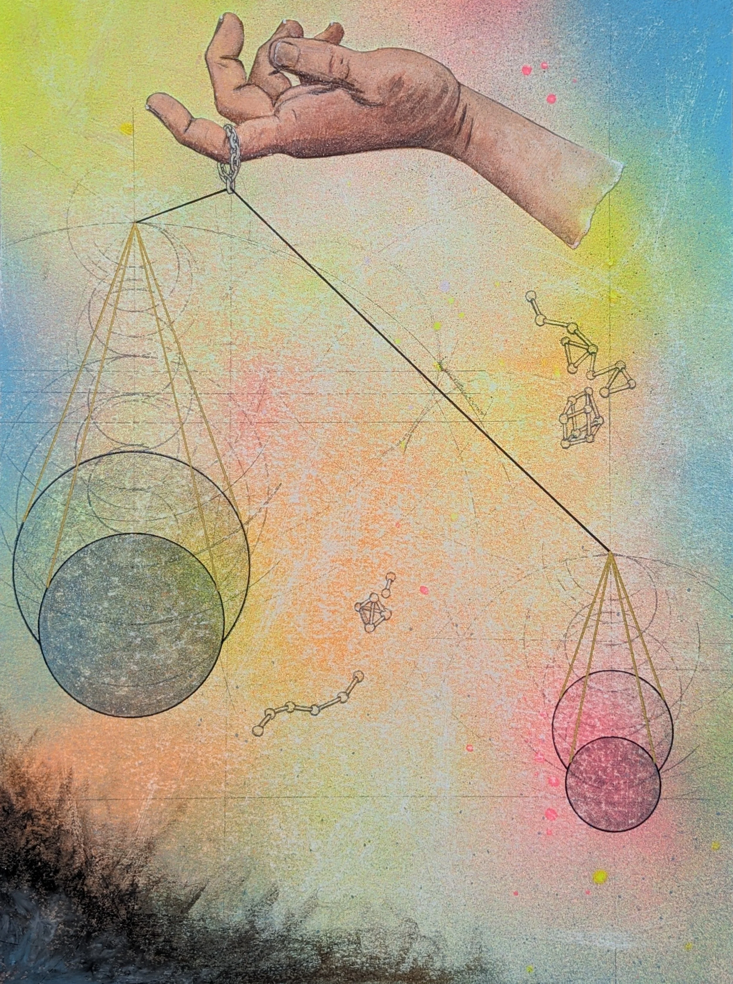 "Gravity Still Acts", mixed media on paper cradled birch panel, 9"x12"