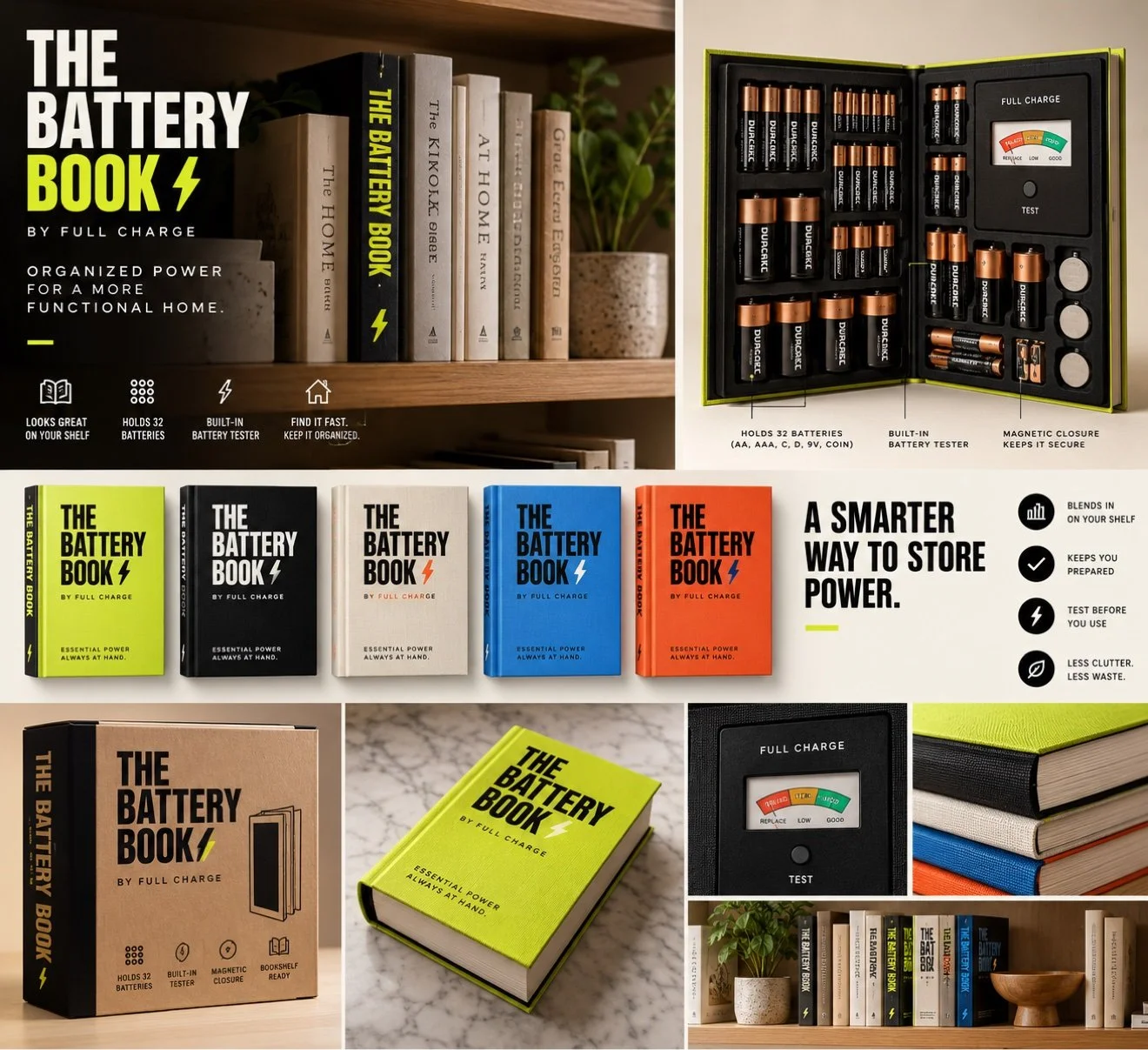 Battery Book lineup — five colors, packaging, and tester close-up