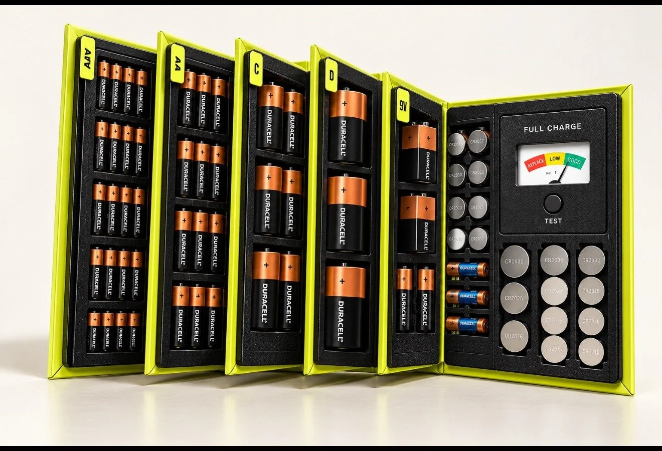 Battery Book product shot — open book with labeled pages