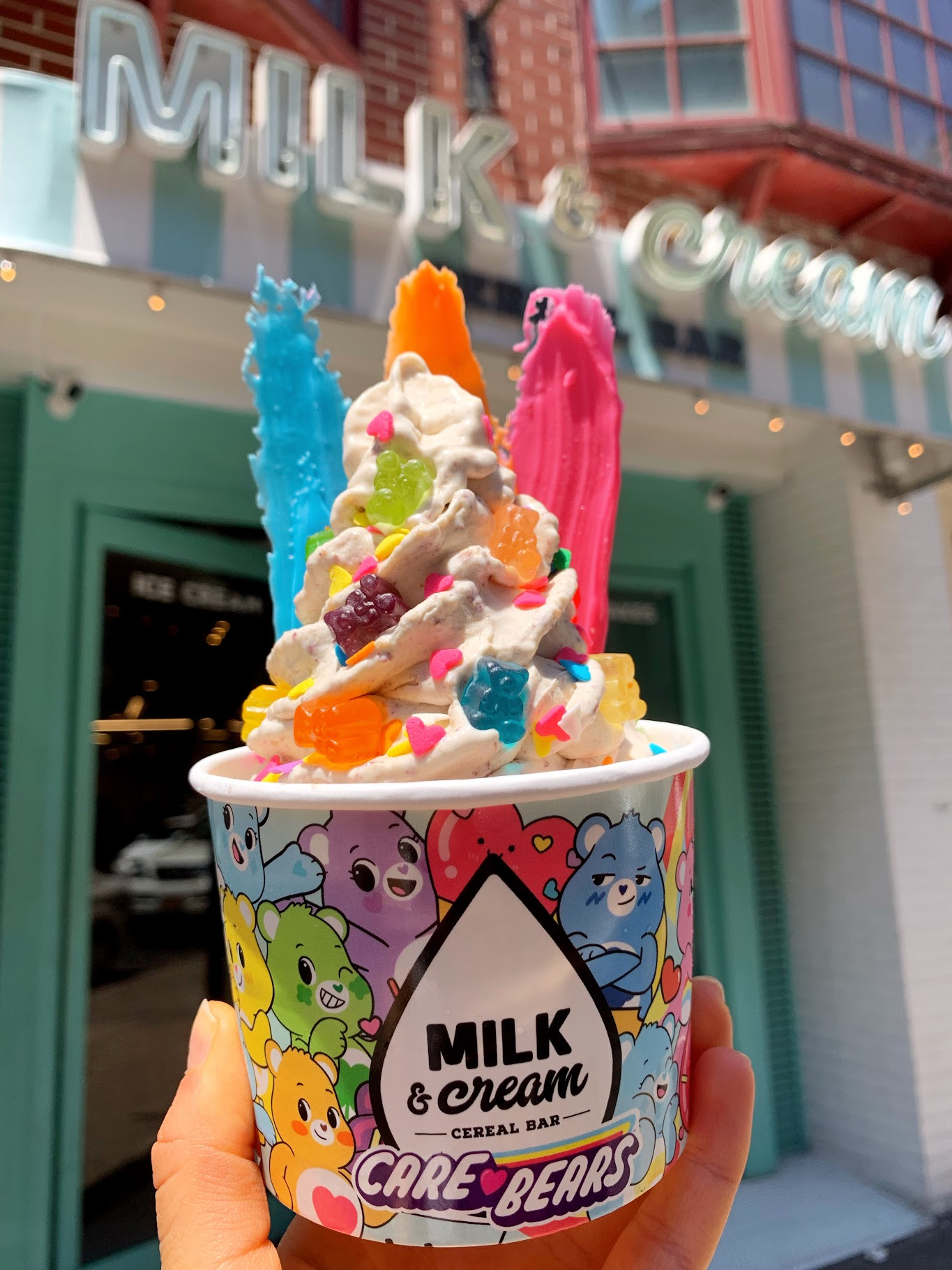 Care Bear Special: Blend of Blueberry Cheerios and Blueberry Blonde, topped with: Heart Sprinkles, Rainbow Bark, and Gummy Bears