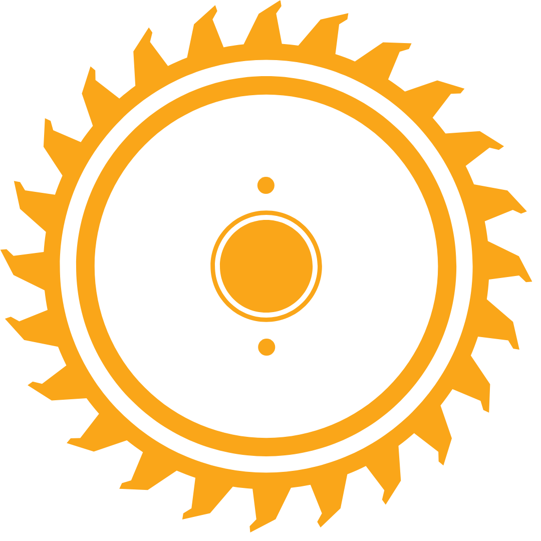 A circular saw blade with orange teeth and black center.